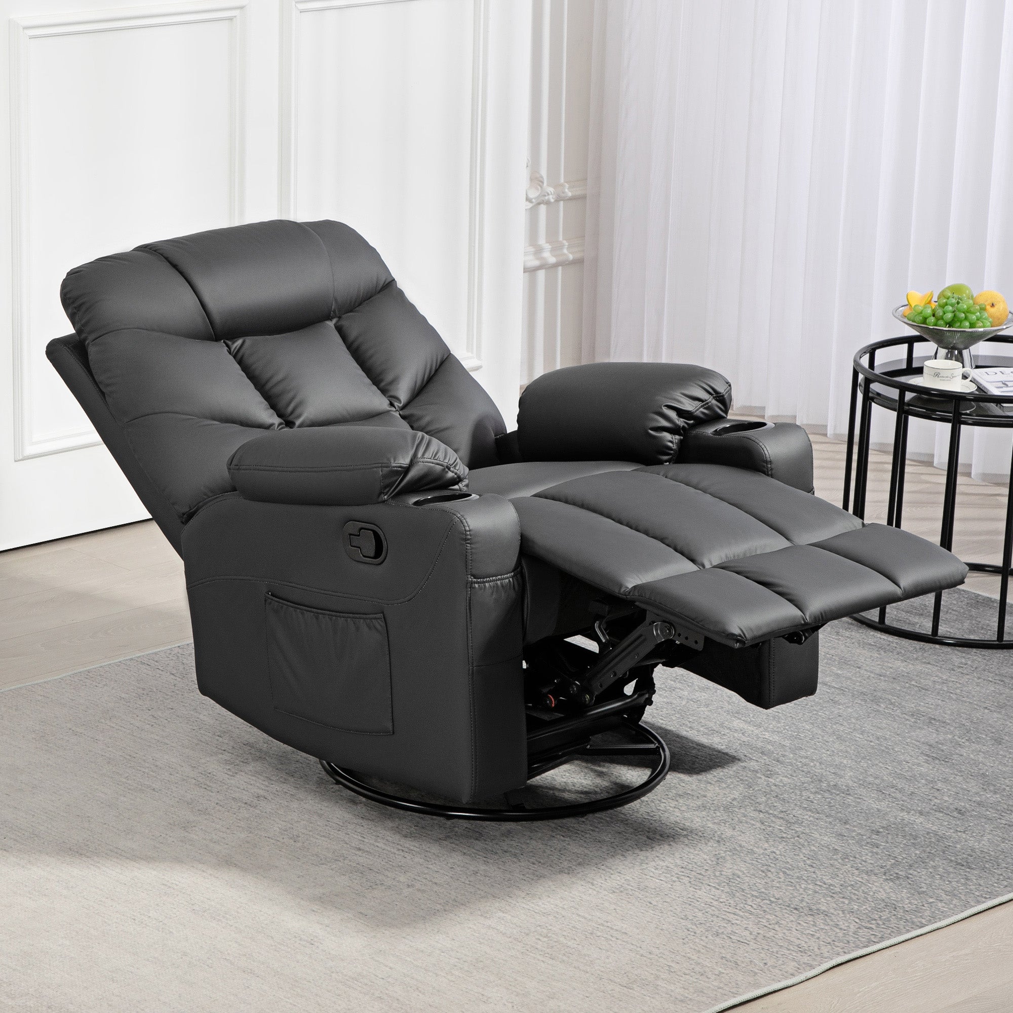 HOMCOM Manual Reclining Chair, Recliner Armchair with Swivel, Faux Leather, Footrest, Cup Holders, 86x93x102cm, Black - North Peak Garden Furniture
