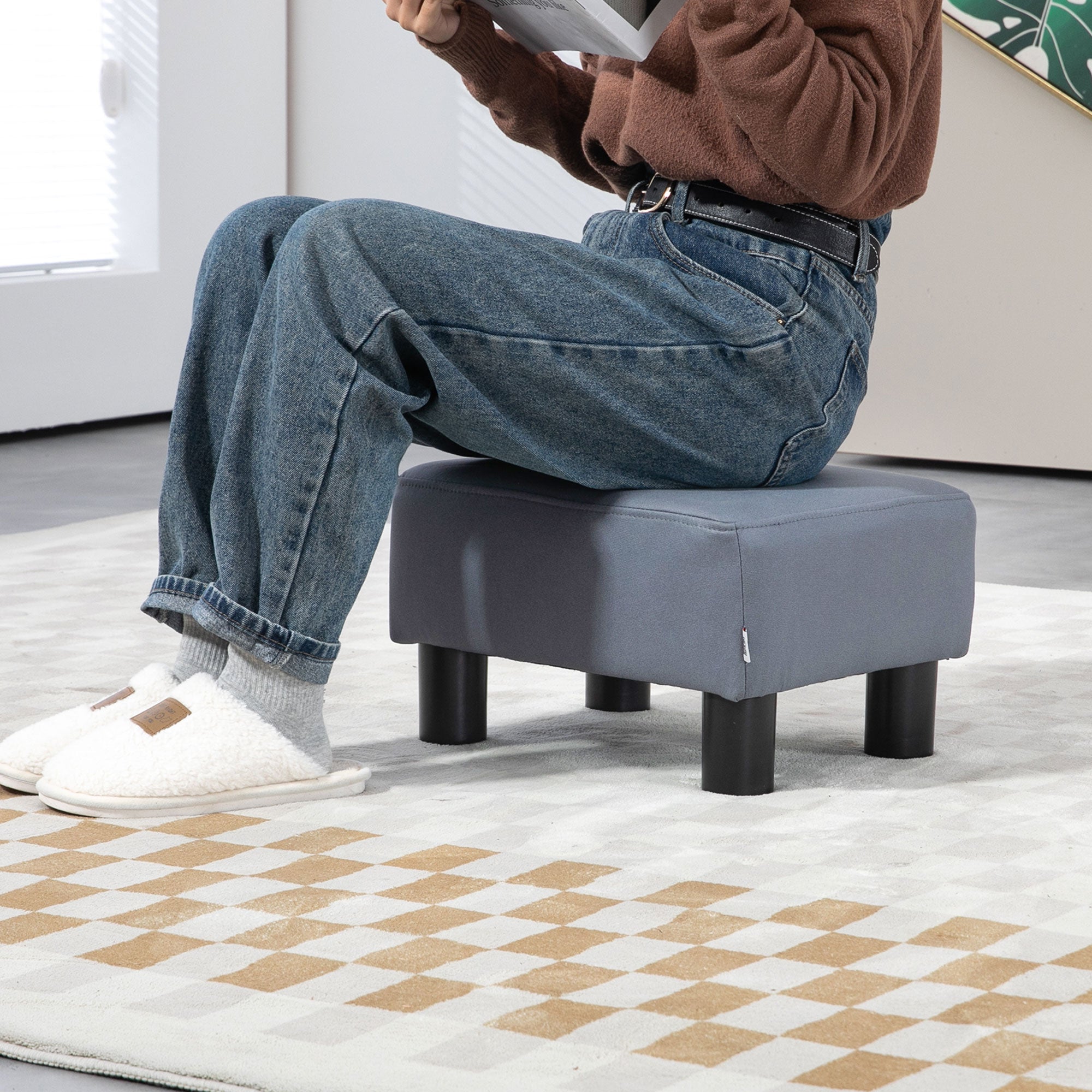 HOMCOM Microfiber Cloth Footstool Footrest Small Seat Foot Rest Chair Ottoman Home Office with Legs 40 x 30 x 24cm Grey - North Peak Garden Furniture