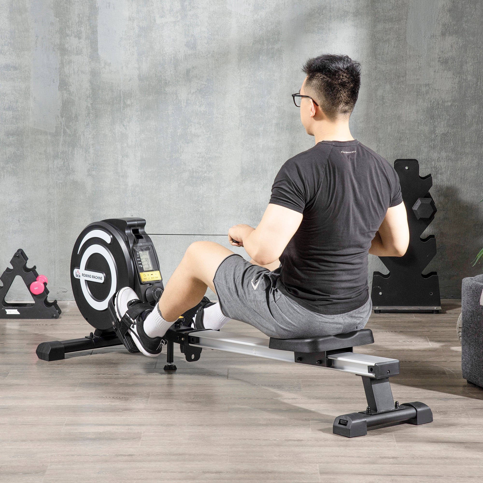 HOMCOM Indoor Body Health & Fitness Adjustable Magnetic Rowing Machine Rower with LCD Digital Monitor & Wheels for Home, Office, Gym - North Peak Garden Furniture
