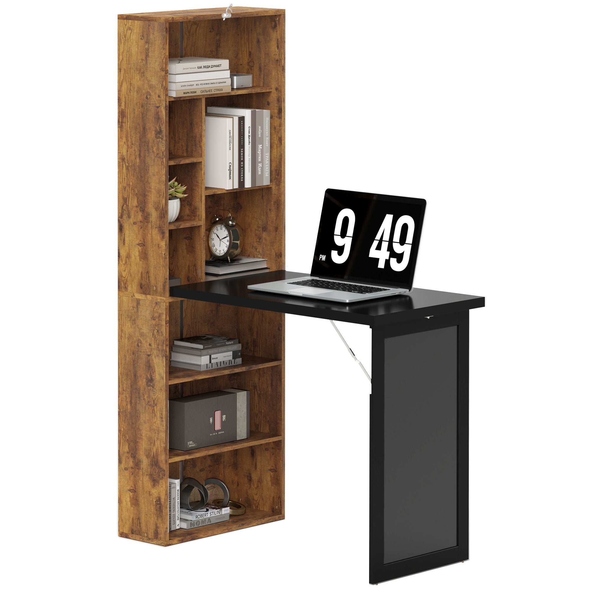 HOMCOM Folding Desk with Blackboard Multi-function Computer Office Workstation Side Shelf for Home Office, Rustic Brown - North Peak Garden Furniture