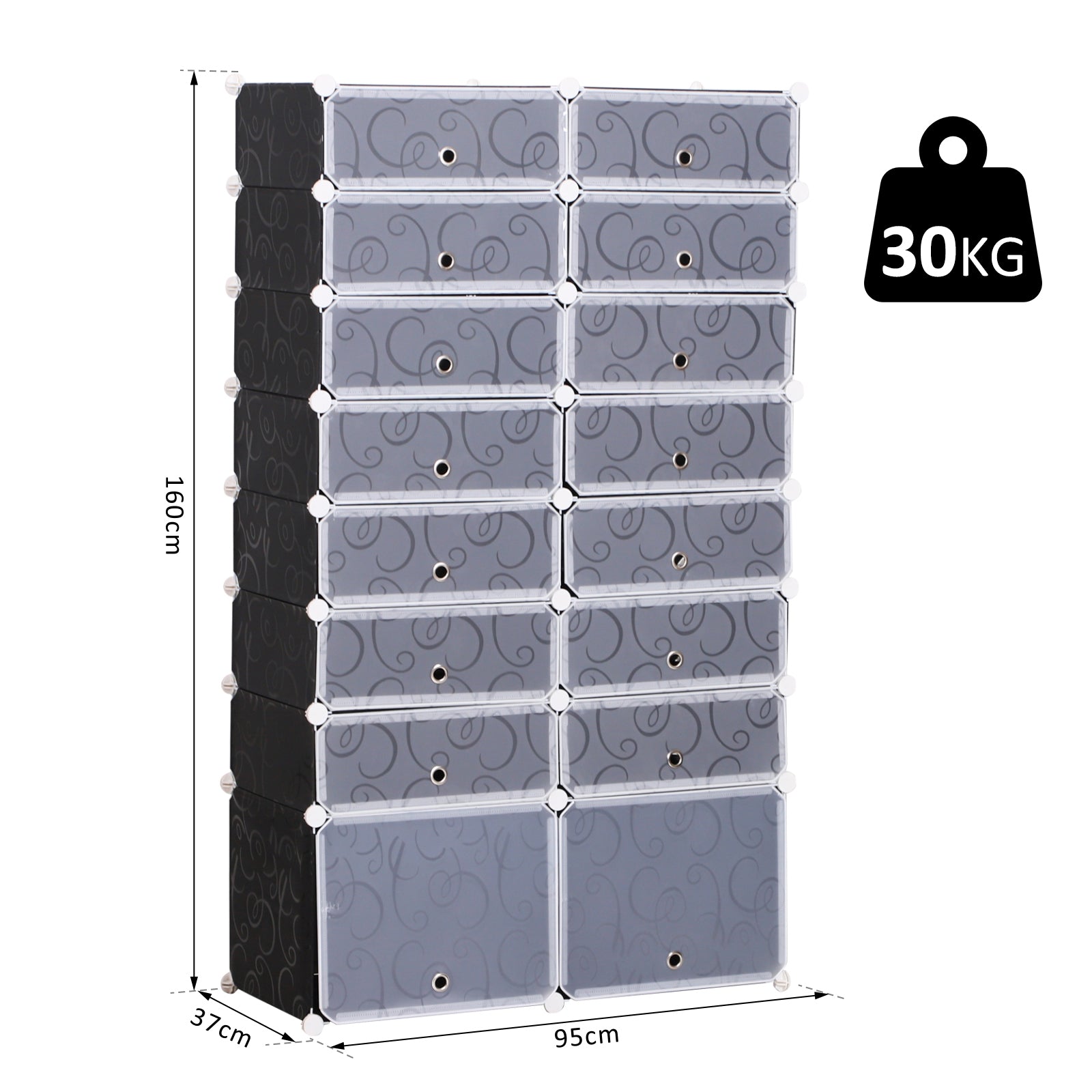 HOMCOM 16 Cube Shoe Rack, 2 x 8 Tier Shoe Storage Cabinet, Modular Plastic Shelves for Bedroom, Living Room and Entryway, Space Saving Footwear Organizer, 32 Pairs, White and Black - North Peak Garden Furniture