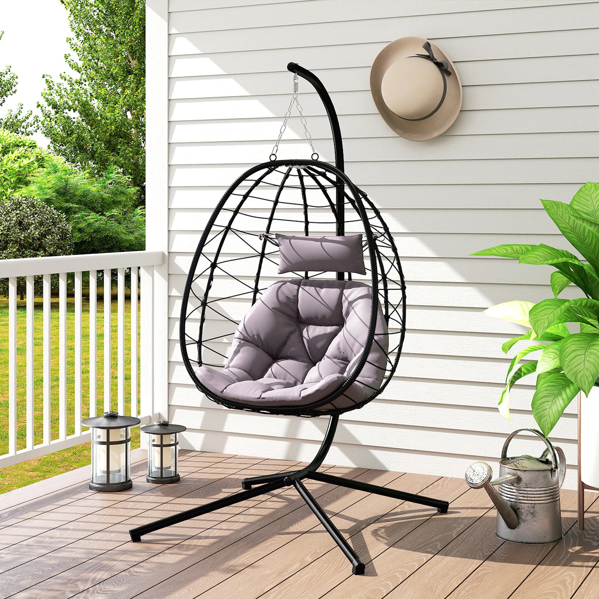 Outsunny Hanging Egg Chair Outdoor Indoor Garden Swing Chair with Folding Basket, Thickened Cushion, Garden Hanging Chair with Stand, Headrest for Patio, Balcony, Grey - North Peak Garden Furniture