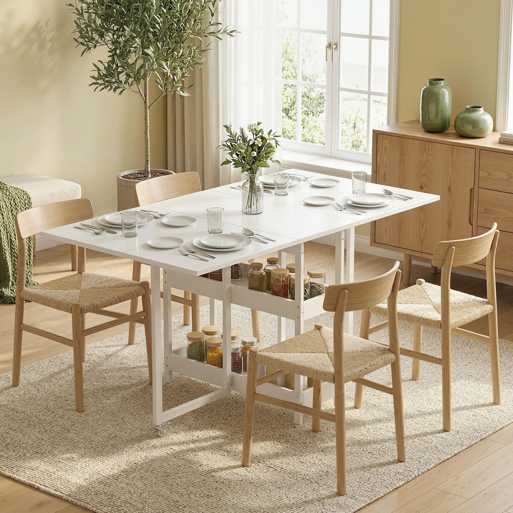 HOMCOM Industrial Folding Dining Table, Drop Leaf Table with Open Compartments for Small Spaces, Kitchen, Dining Room, White