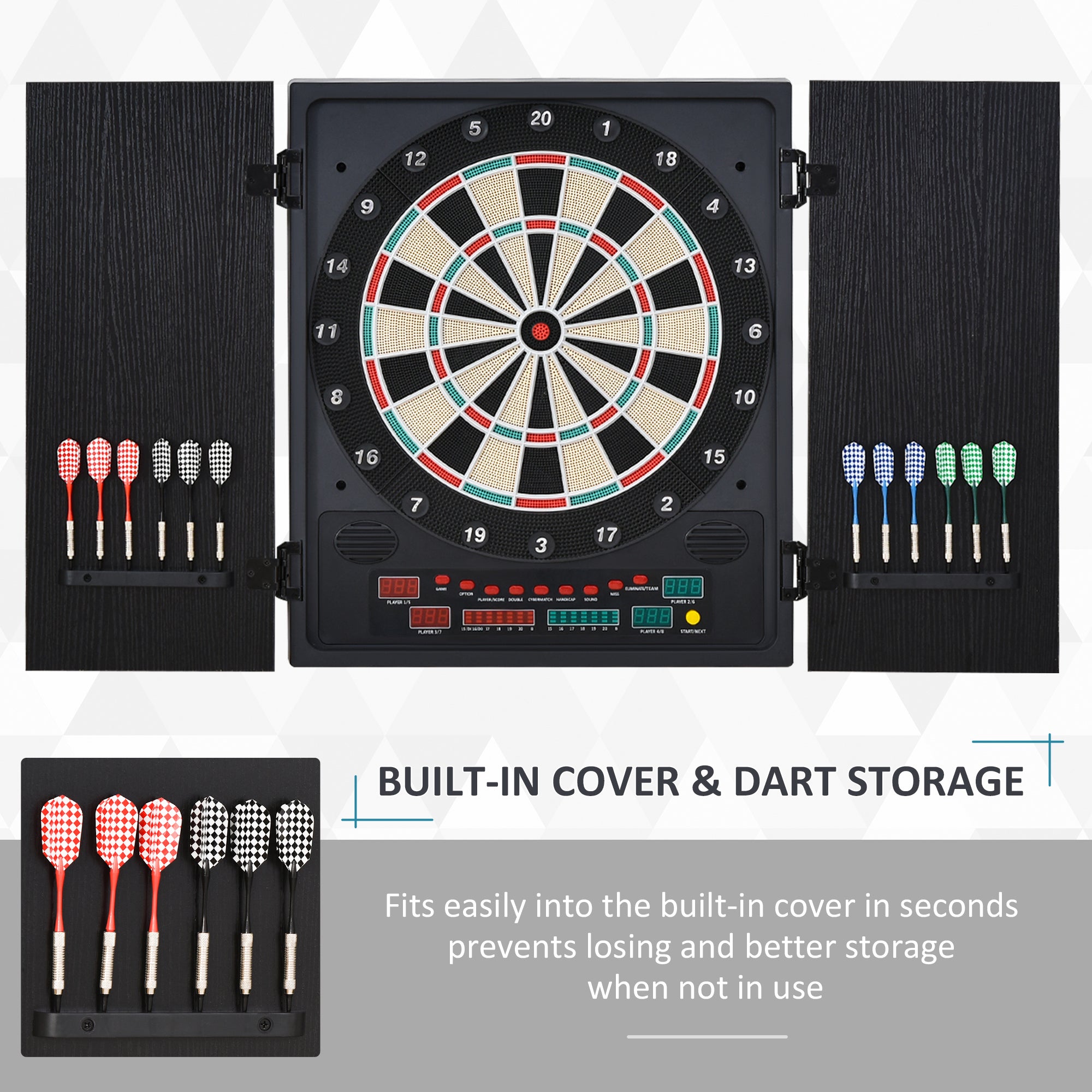 HOMCOM Electronic Dartboard Set, 27 Games Modes and 202 Variations, LED & 12 Soft Tip Darts and Cabinet to Storage, Ready-to-Play Multi-Game Option Darts Machine - North Peak Garden Furniture