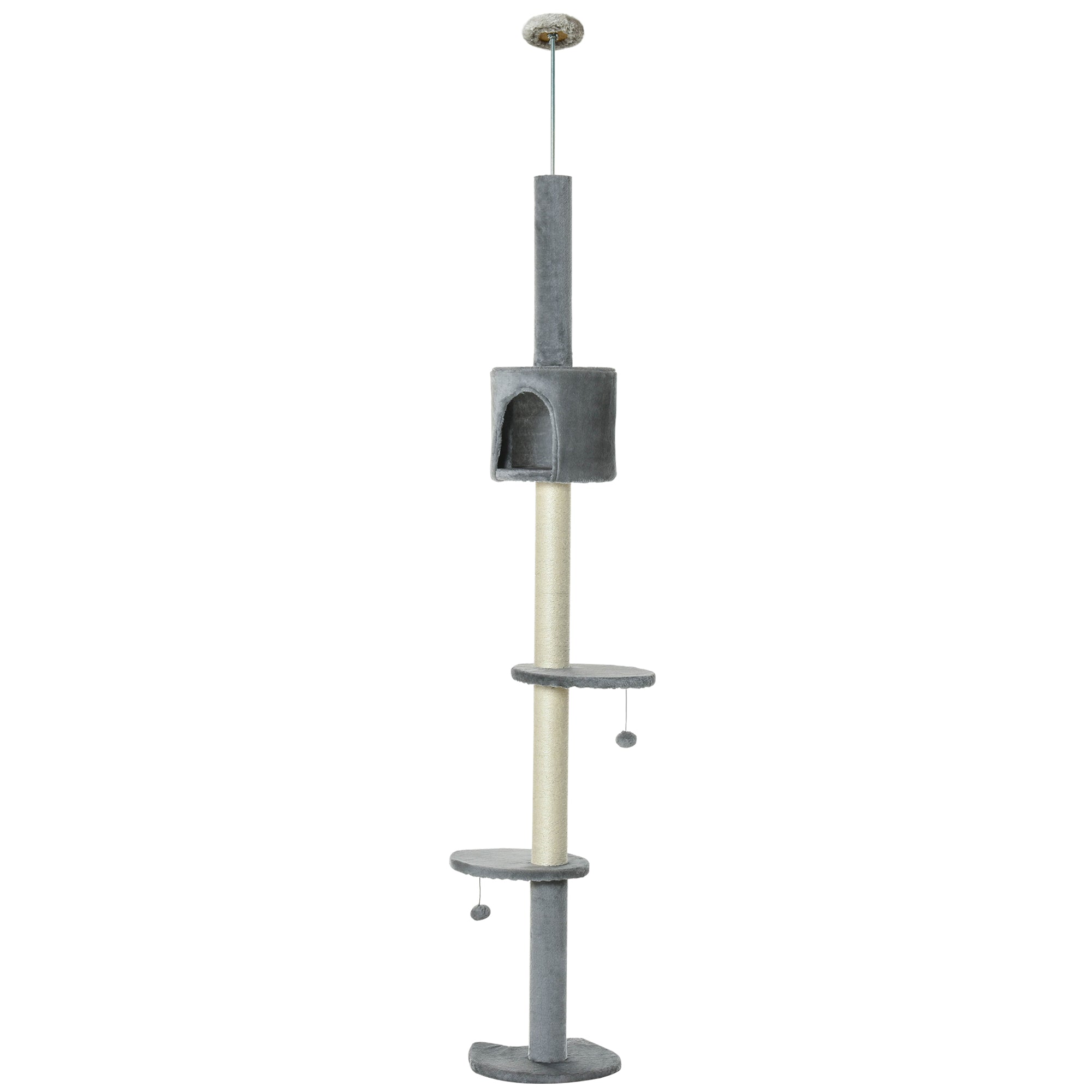 PawHut Floor to Ceiling Cat Tree for Indoor Cats, Kitten Tower, Condo, Multi-Layer Activity Center, Indoor Pet Play House with Solid Scratching Post Hanging Balls, Light Grey