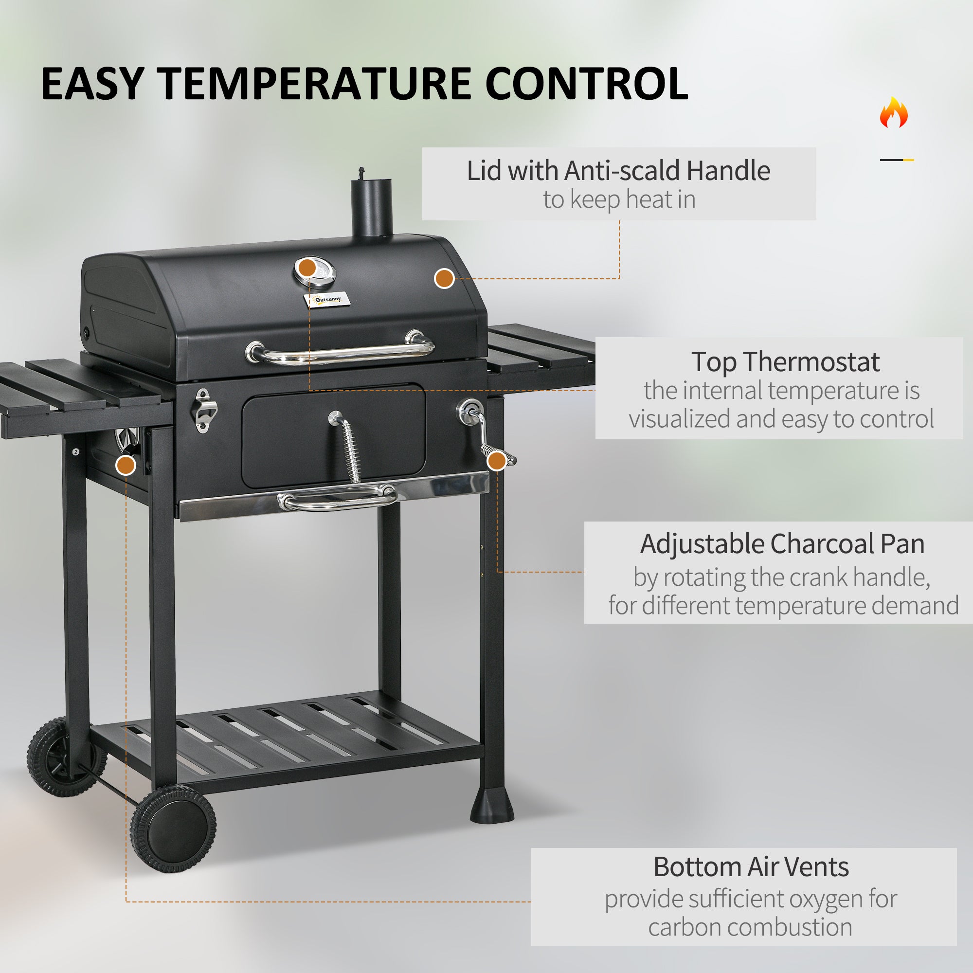 Outsunny Adjustable Charcoal Pan BBQ, with Thermometer and Warming Rack - North Peak Garden Furniture