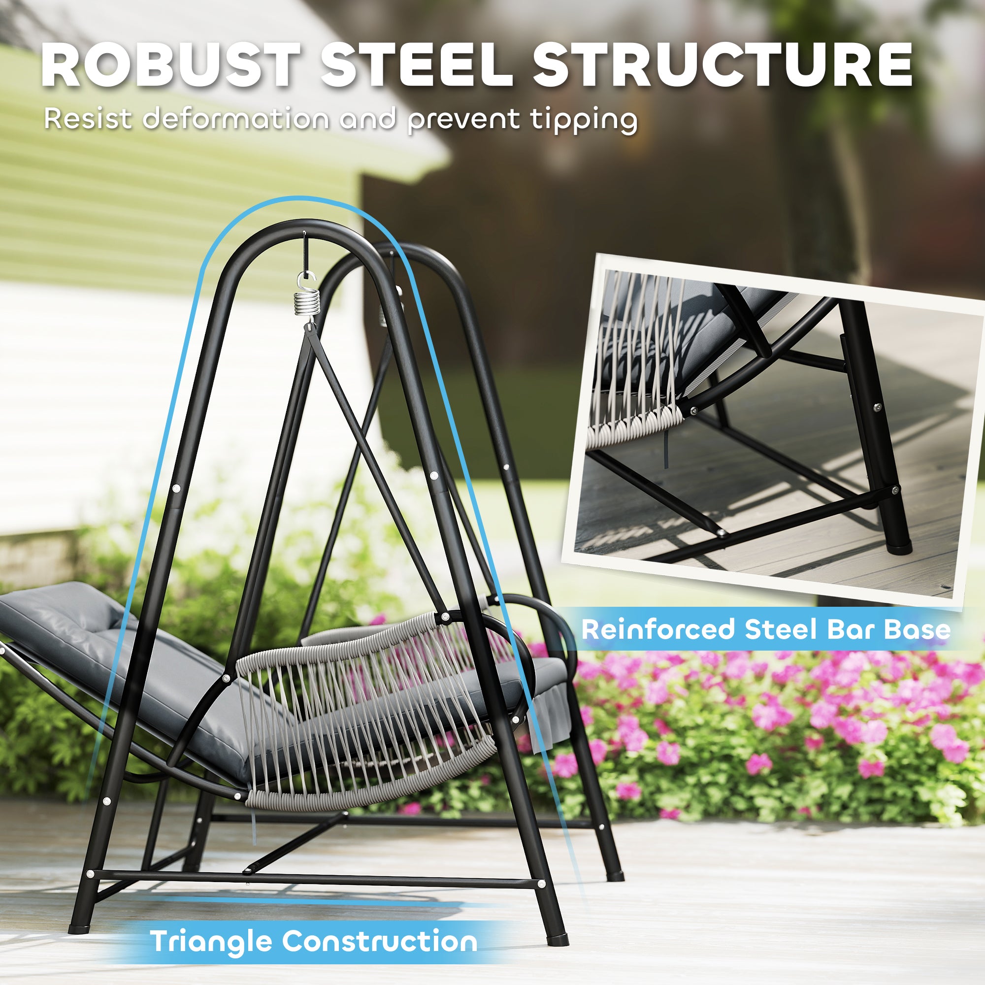 Outsunny Rattan Swing Chair, Outdoor Garden Hanging Swing Seat with Stand and Seat Cushion, Porch Hanging Chair for Balcony, Garden, Deck, Light Grey - North Peak Garden Furniture