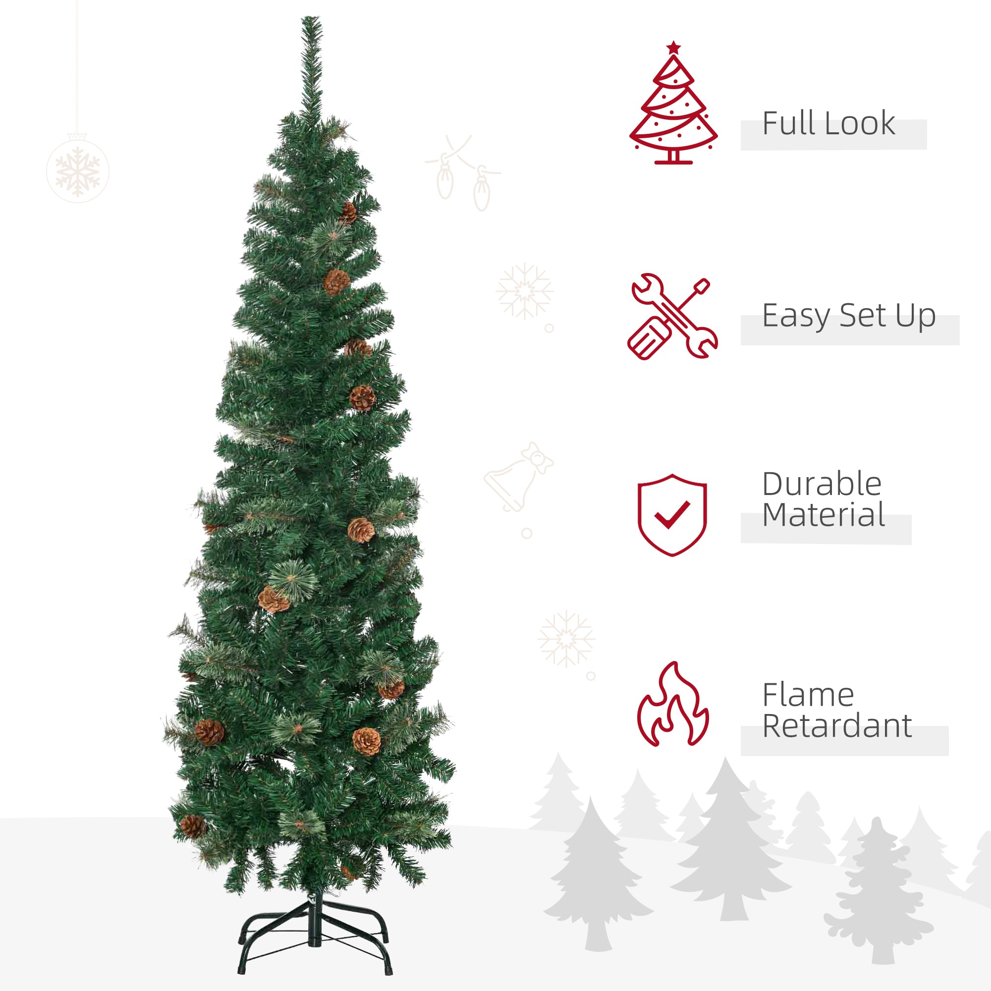 HOMCOM 5.5FT Tall Pencil Slim Artificial Christmas Tree with Realistic Branches, Tip Count and Pine Cones, Pine Needles Tree, Xmas Decoration, Green