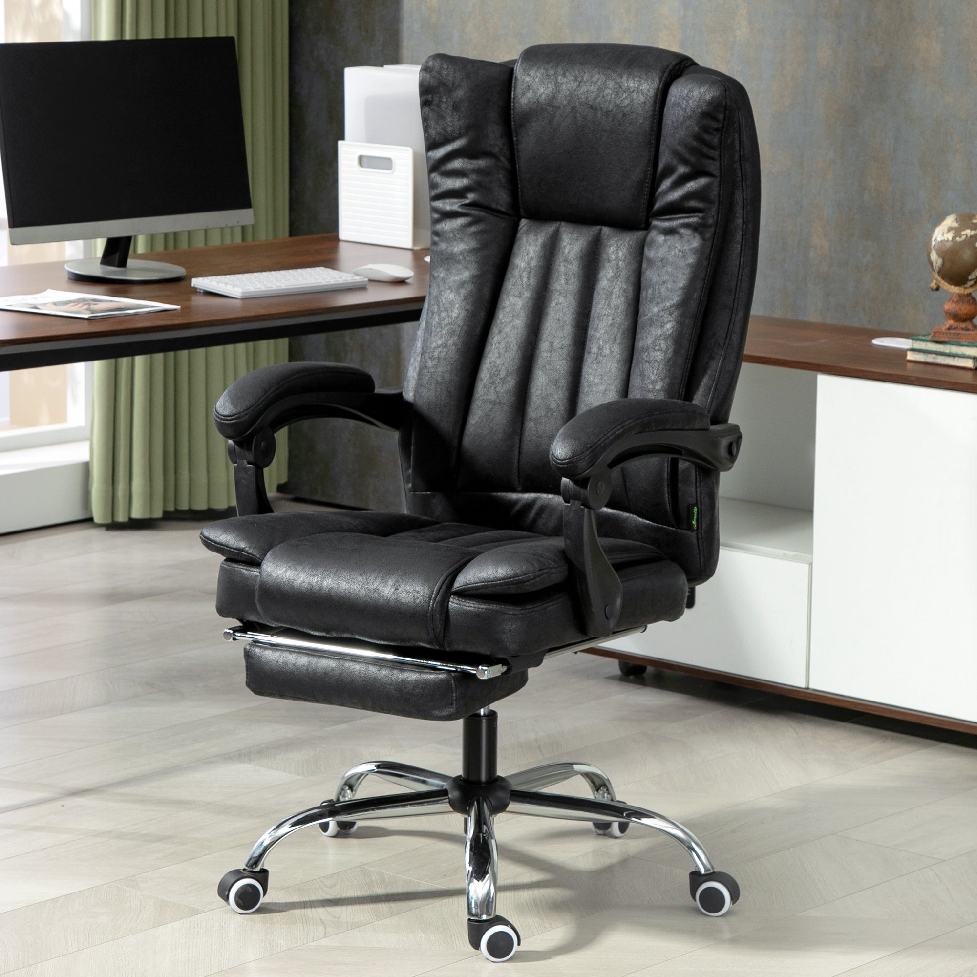 Vinsetto Home Office Chair Microfibre Desk Chair with Reclining Function Armrests Swivel Wheels Footrest Black - North Peak Garden Furniture