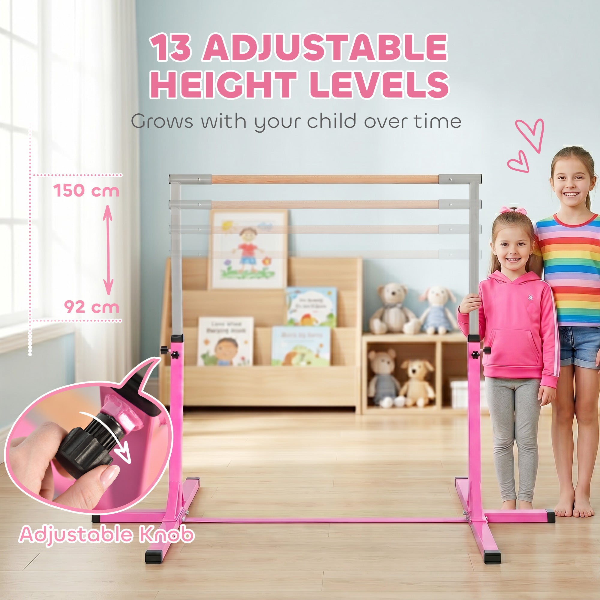 HOMCOM Height Adjustable Gymnastics Horizontal Bar For Kids Home Gym Training Children Junior Kip High Bar Fitness Pink