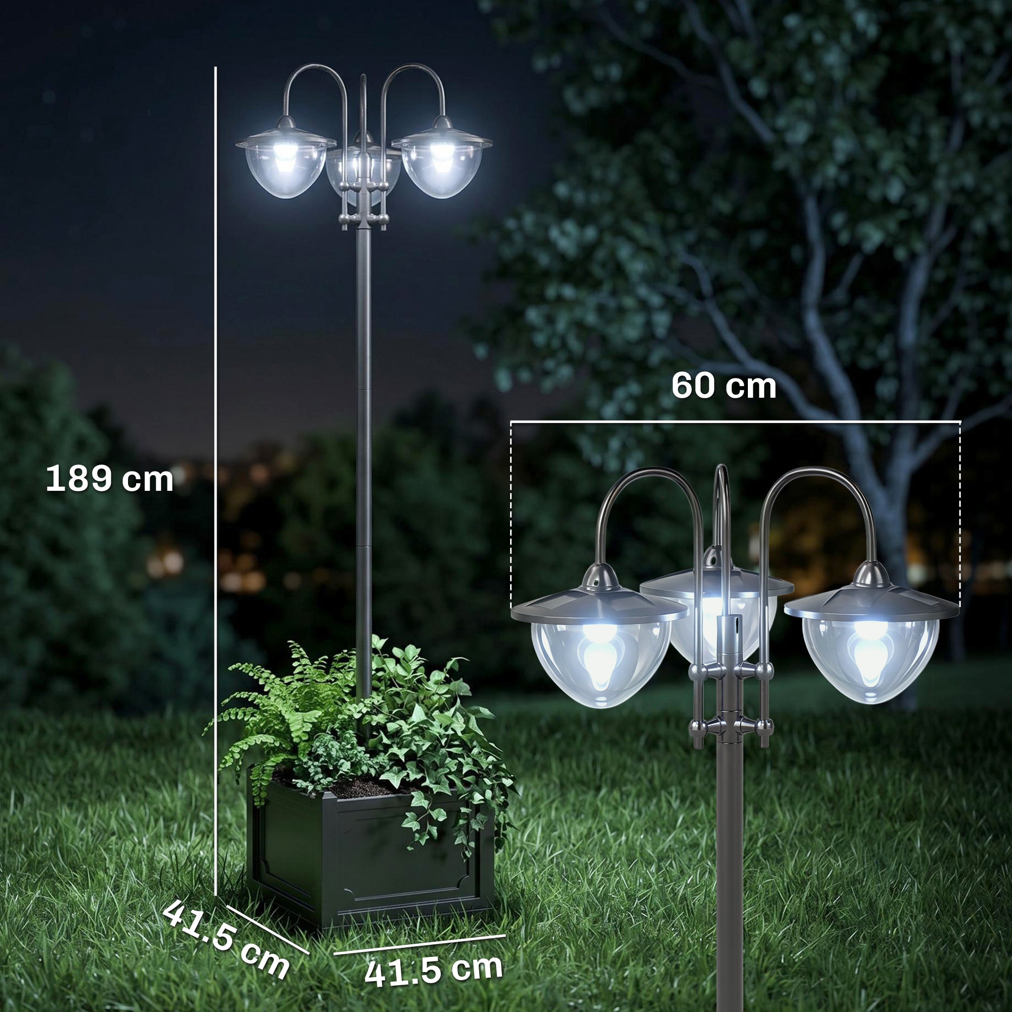 Outsunny 189cm 3-head Solar Lamp Post, Street Light with Planter, Automatic-on, 6 Hour Max Outdoor Ready LED Lighting, Black