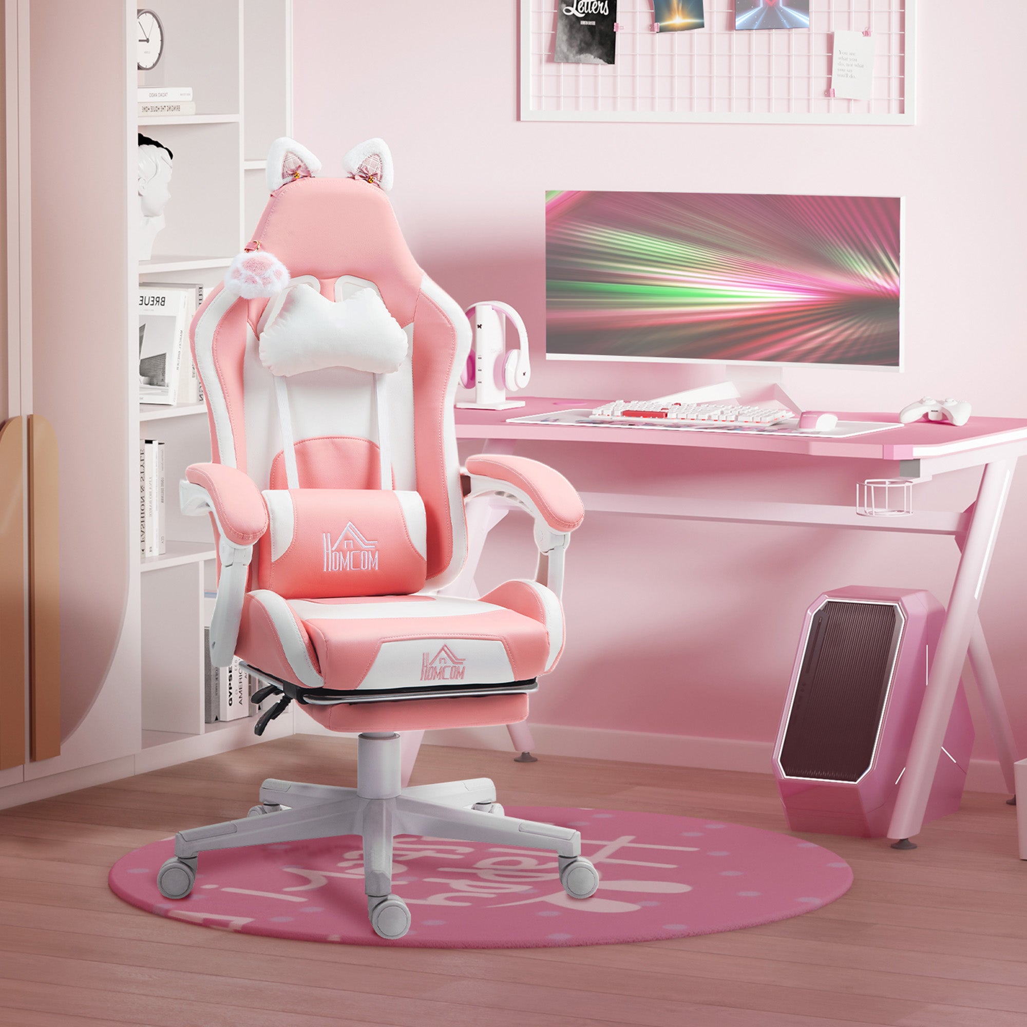 HOMCOM Cat Ear and Paw Reclining Office Chair, with Footrest - Pink/White - North Peak Garden Furniture