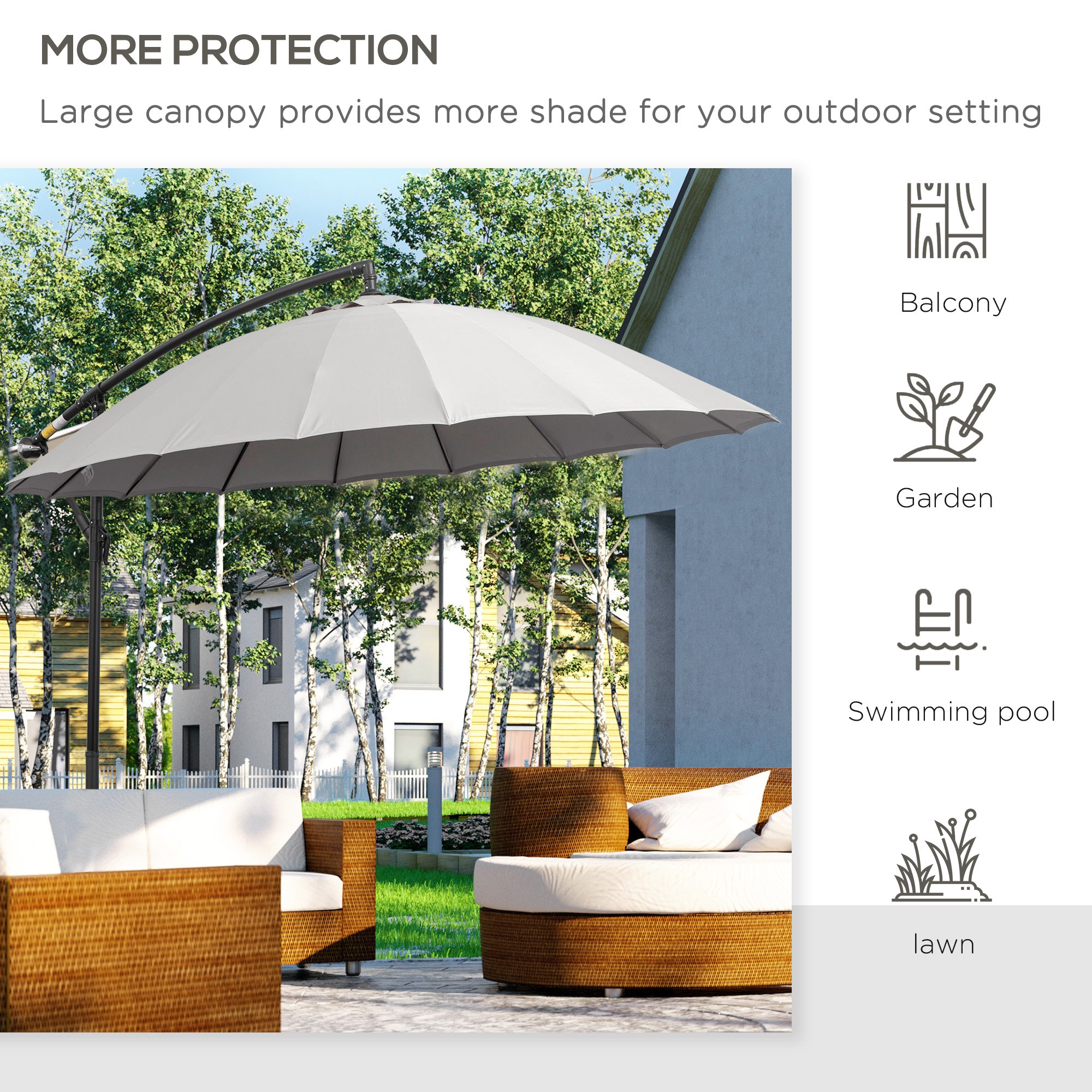 Outsunny 3(m) Cantilever Umbrella 18 Ribs & Vents Adjustable Angle for Patio Light Grey - North Peak Garden Furniture