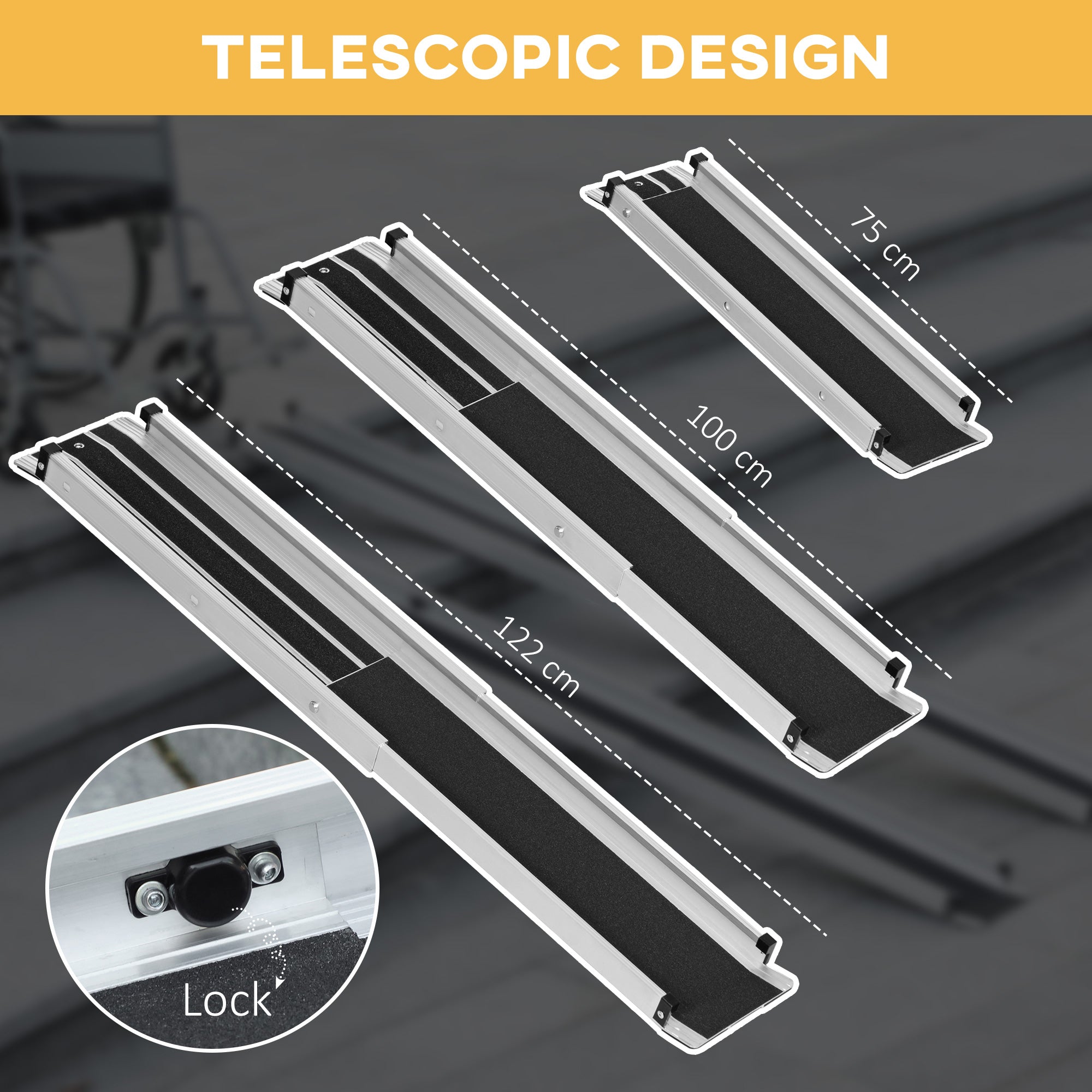 HOMCOM Set of Two 122cm Three-Level Aluminium Wheelchair Ramps - North Peak Garden Furniture