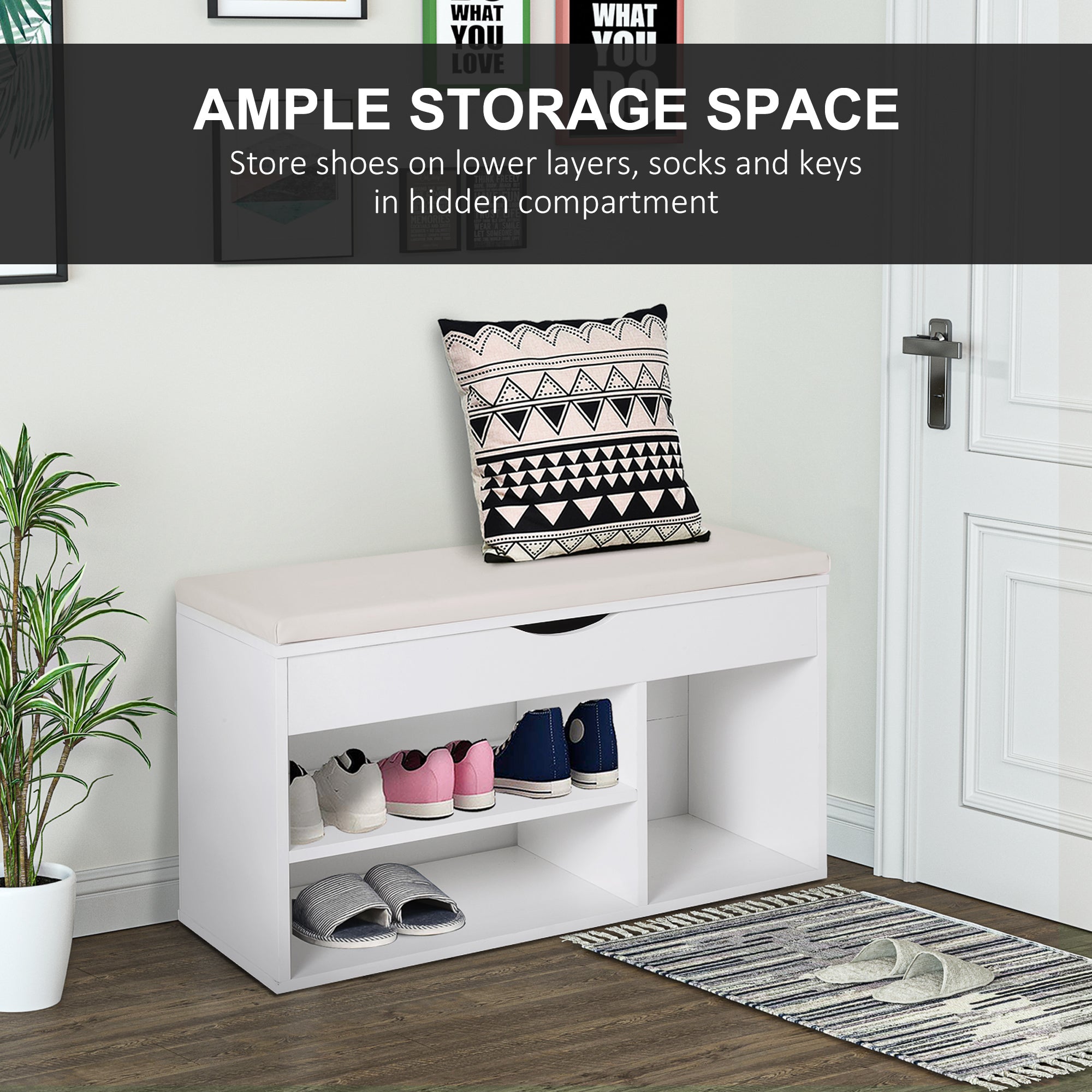 HOMCOM Wooden Shoes Cabinet Bench Hidden Storage Padded Seat Organiser Footwear Rack Hallway White 80 x 30 x 47 cm