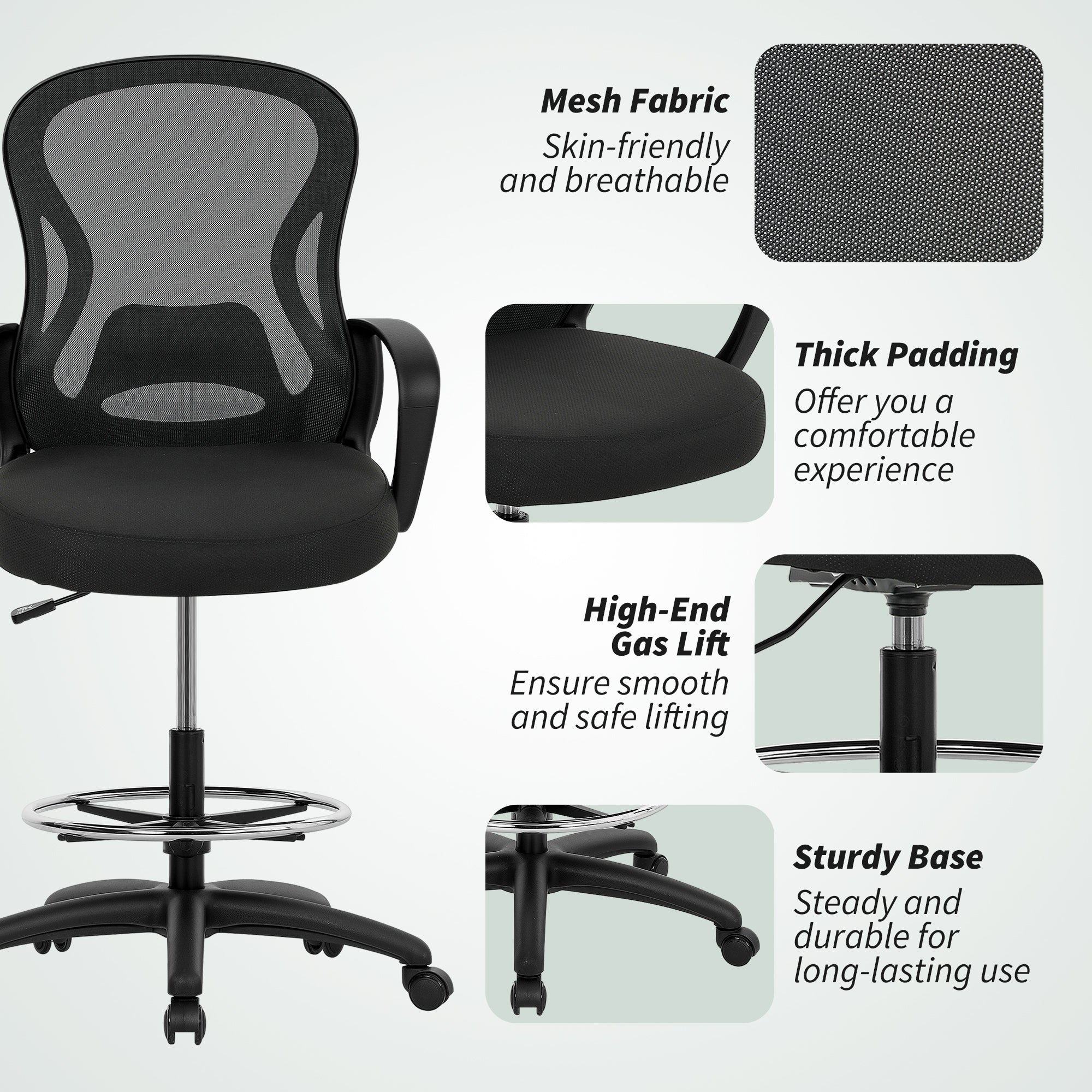 Vinsetto Drafting Chair with Adjustable Footrest, Ergonomic Mesh Office Chair with Lumbar Support, Adjustable Height for Standing Desk, Black