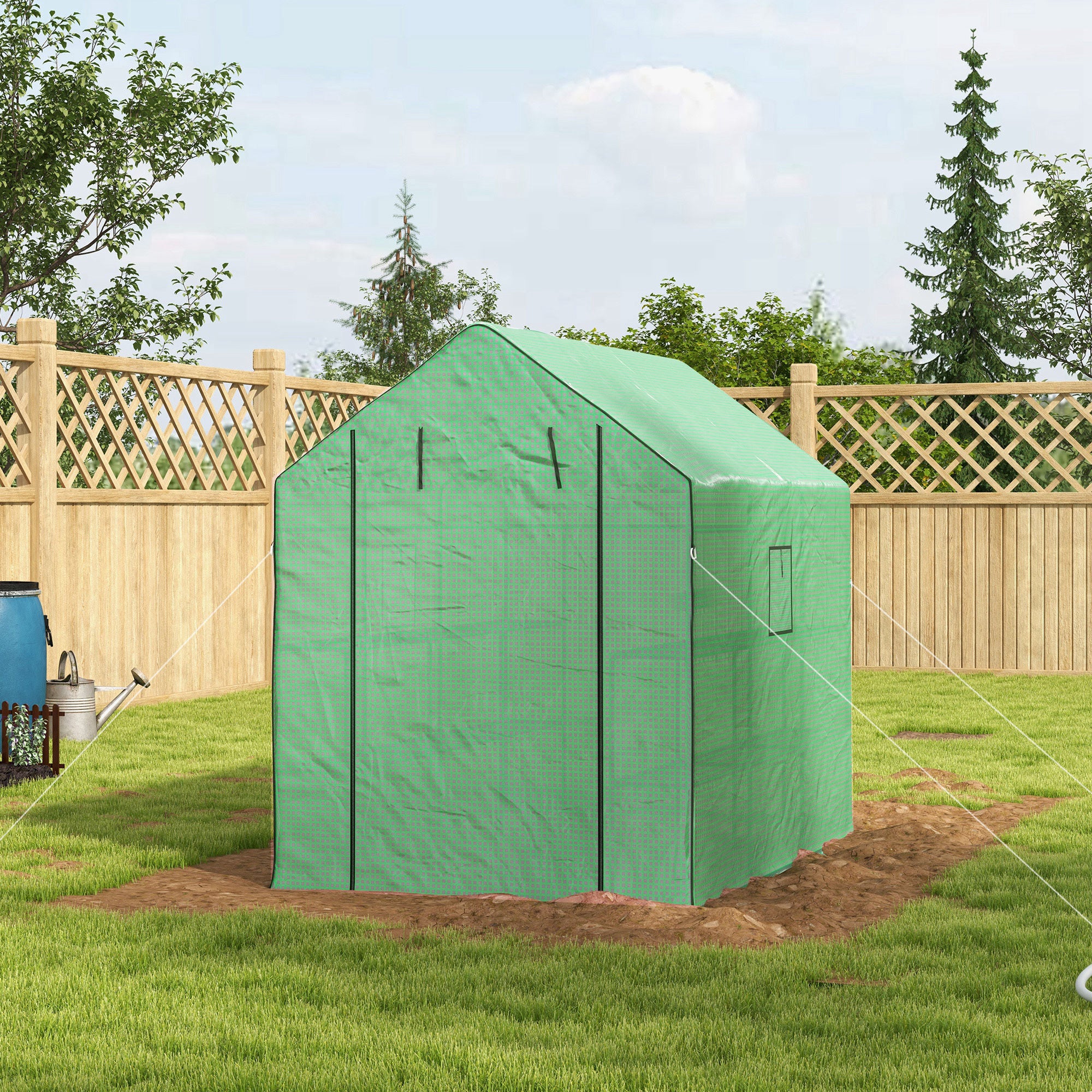 Outsunny Walk-in Greenhouse with 3 Tier Shelves, Outdoor Green House Garden Grow House with Reinforced PE Cover, Roll-up Door and Mesh Windows, 140 x 213 x 190cm, Green