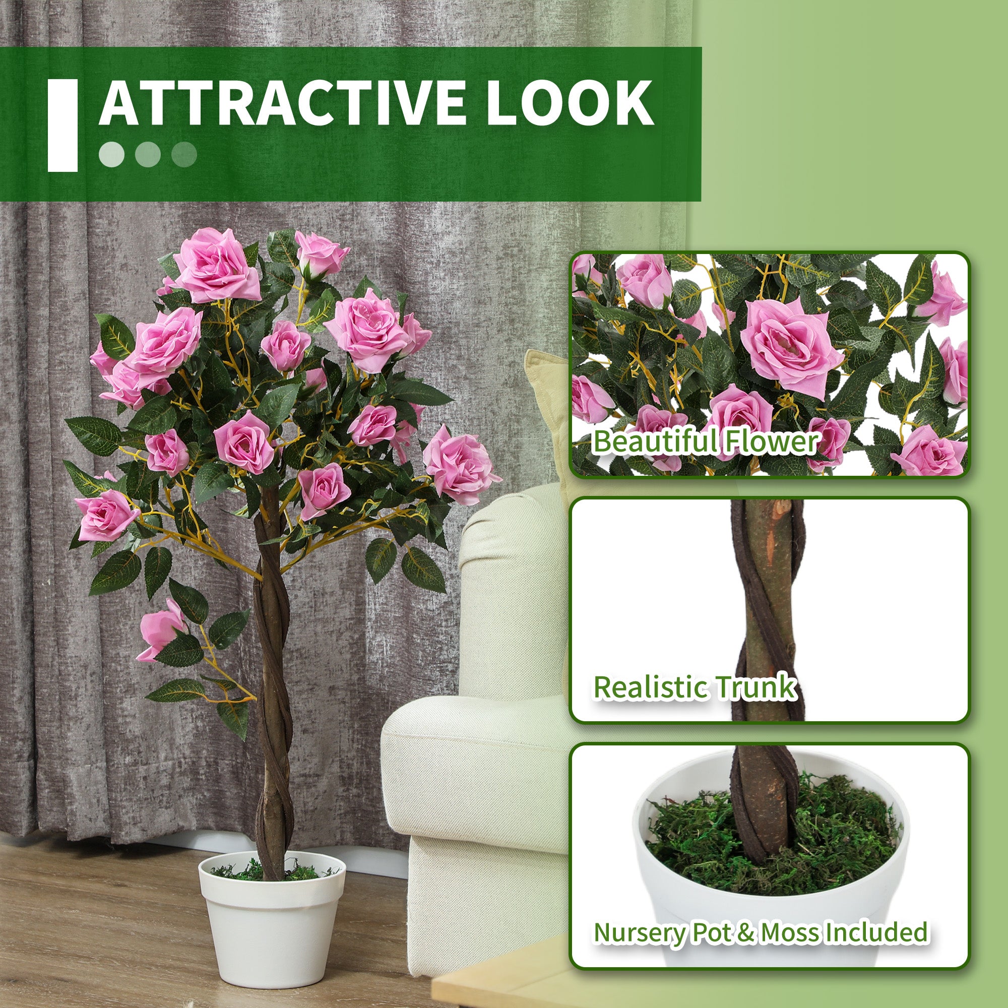 Outsunny Set of 2 Artificial Plants White Rose Floral in Pot, Fake Plants for Home Indoor Outdoor Decor, 90cm, Purple - North Peak Garden Furniture