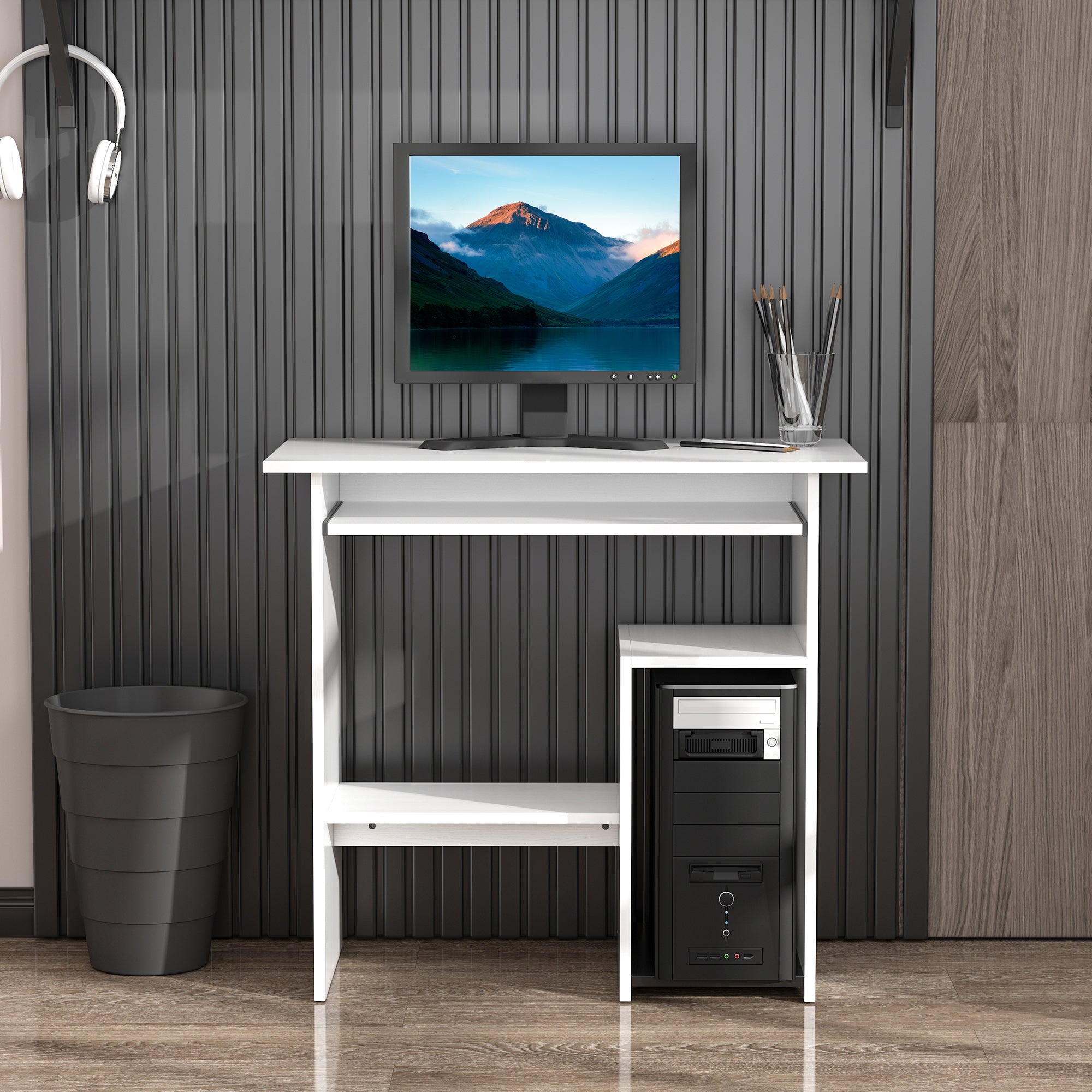 HOMCOM Compact Small Computer Table Wooden Desk Keyboard Tray Storage Shelf Modern Corner Table Home Office White - North Peak Garden Furniture
