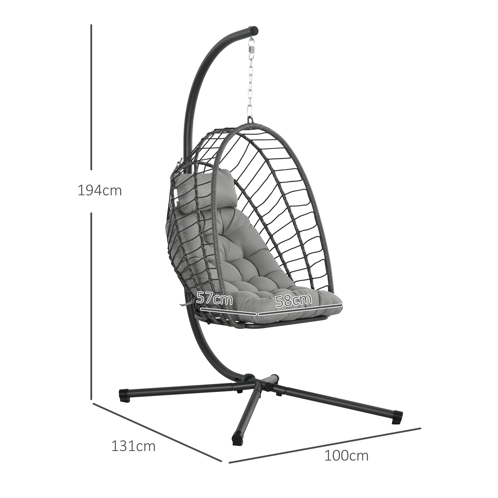 Outsunny Outdoor PE Rattan Swing Chair with Cushion, Garden Foldable Basket Patio Hanging Egg Chair with Metal Stand, Headrest, for Indoor and Outdoor, Light Grey - North Peak Garden Furniture