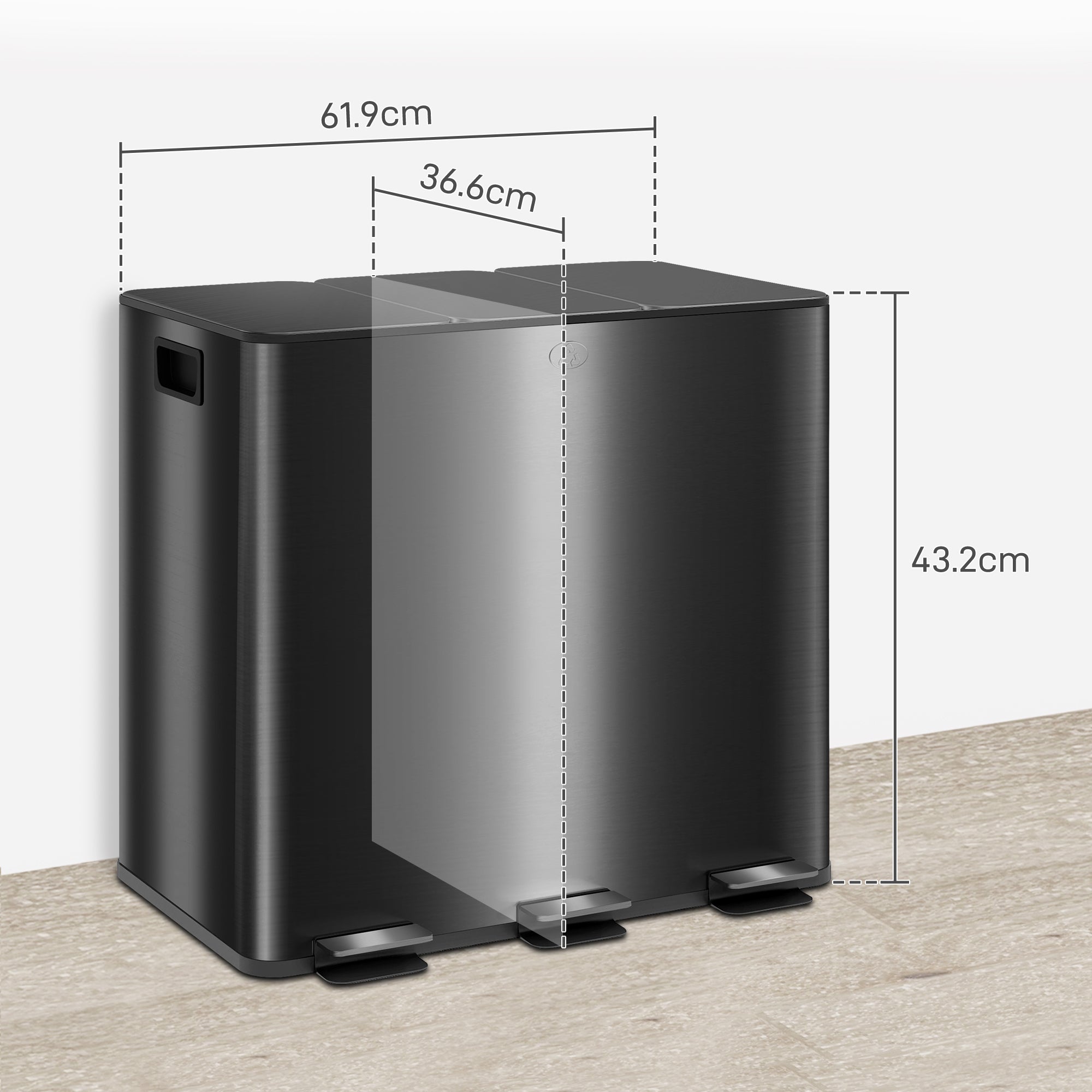 HOMCOM 3 x 15L Pedal Bin, Steel Triple Kitchen Bin with Soft Close Lid, Removable Inner Buckets, Fingerprint-Proof, Black