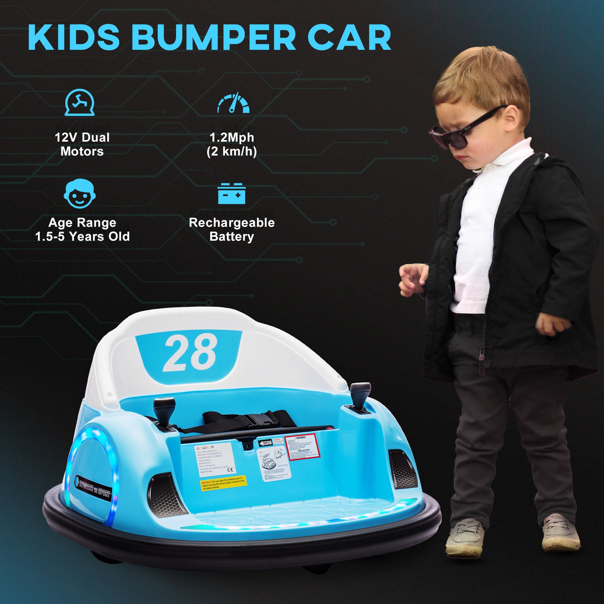 AIYAPLAY 360° Rotation Kids Bumper Car, 12V Waltz Car with Remote Control, Dual Joystick, Music, Lights, Light Blue