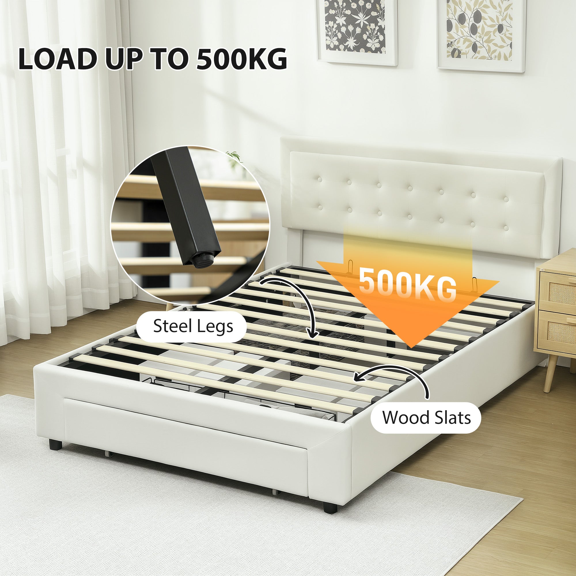HOMCOM Double Ottoman Bed Frame, with Front Drawer - Cream