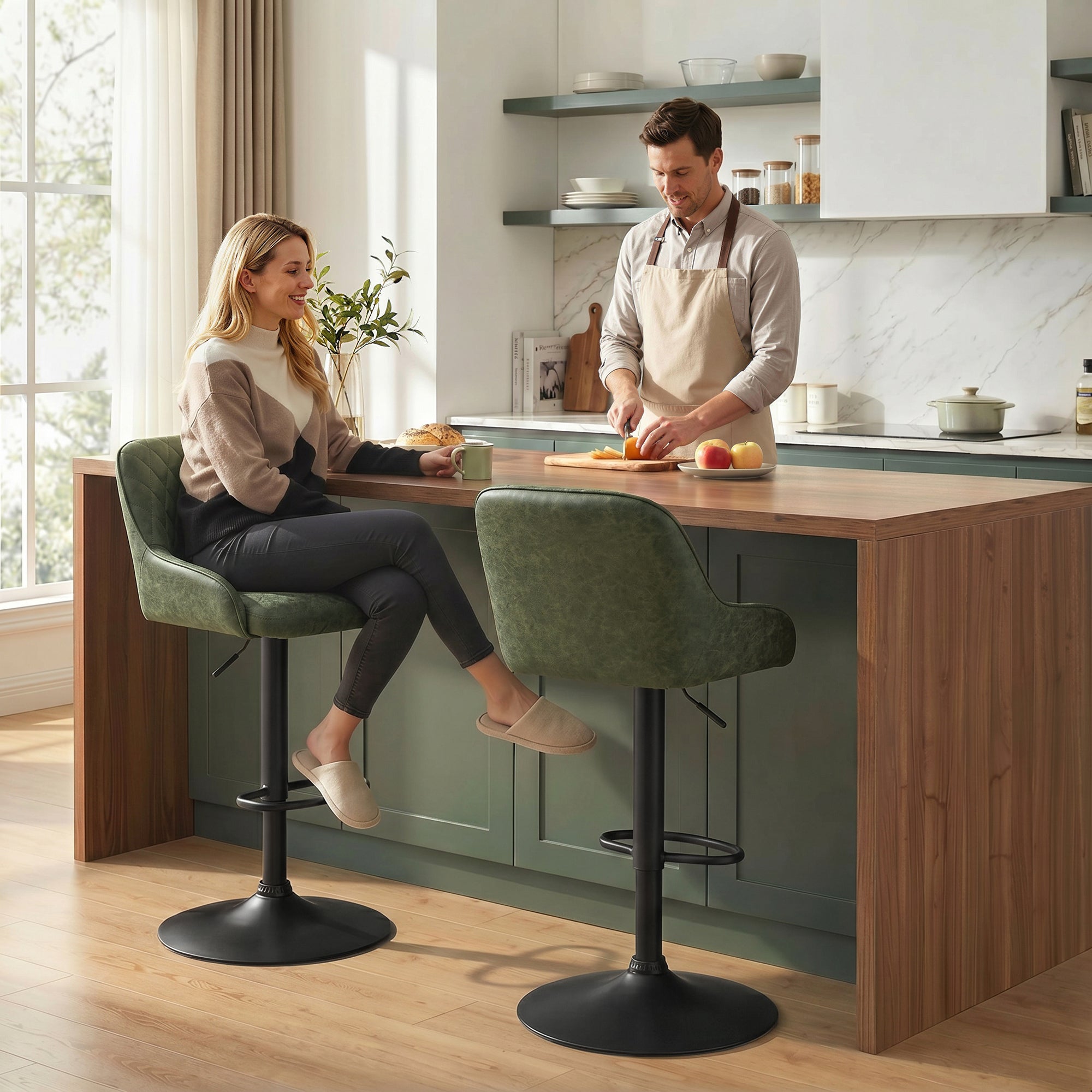 HOMCOM Bar Stools Adjustable Swivel Kitchen Chairs with Backrest Set of 2 for Kitchen Island Dark Green