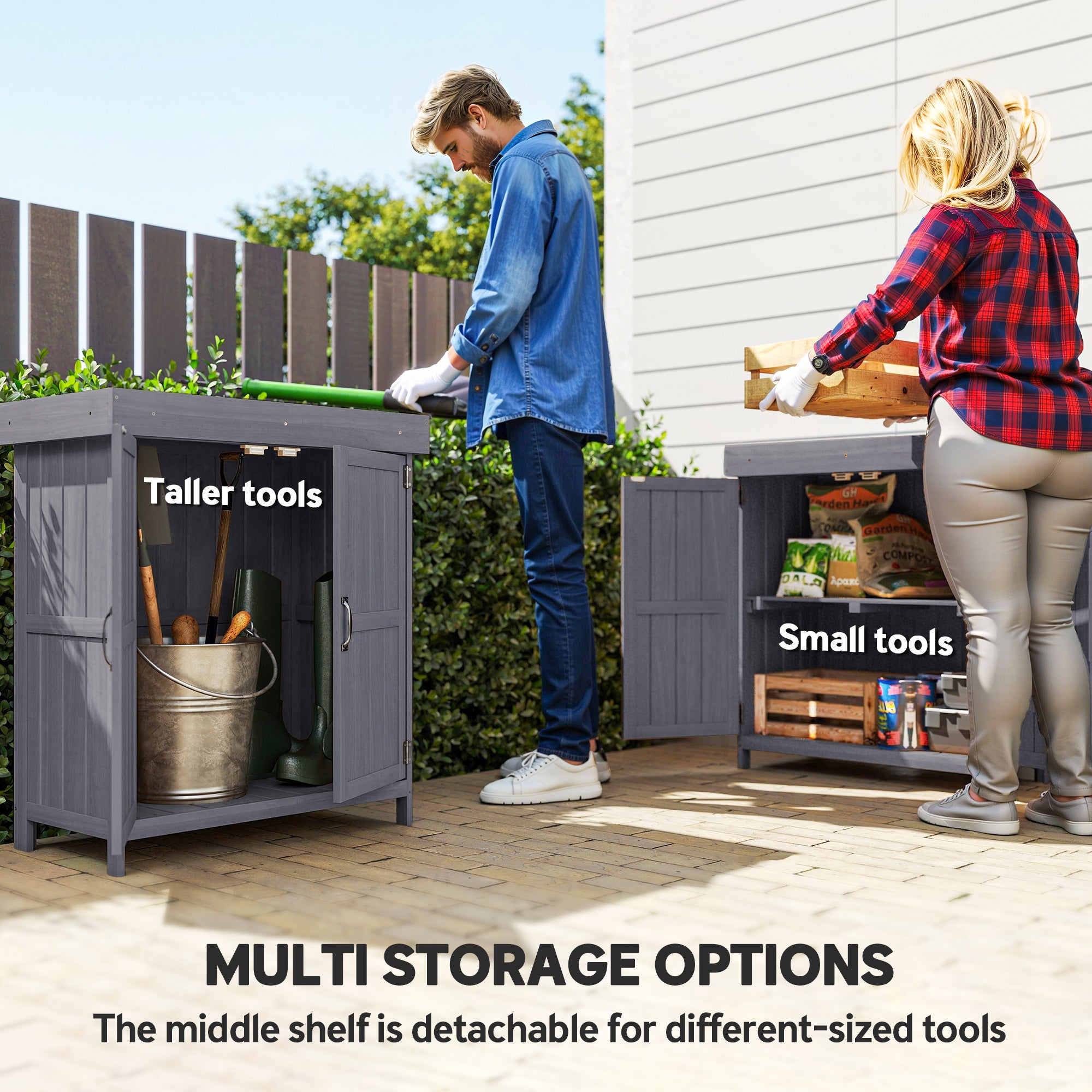 Outsunny Wooden Garden Storage Shed with Hinged Roof and Shelves, Outdoor Storage Cabinet Chest, Double Doors, 74 x 43 x 88cm, Grey