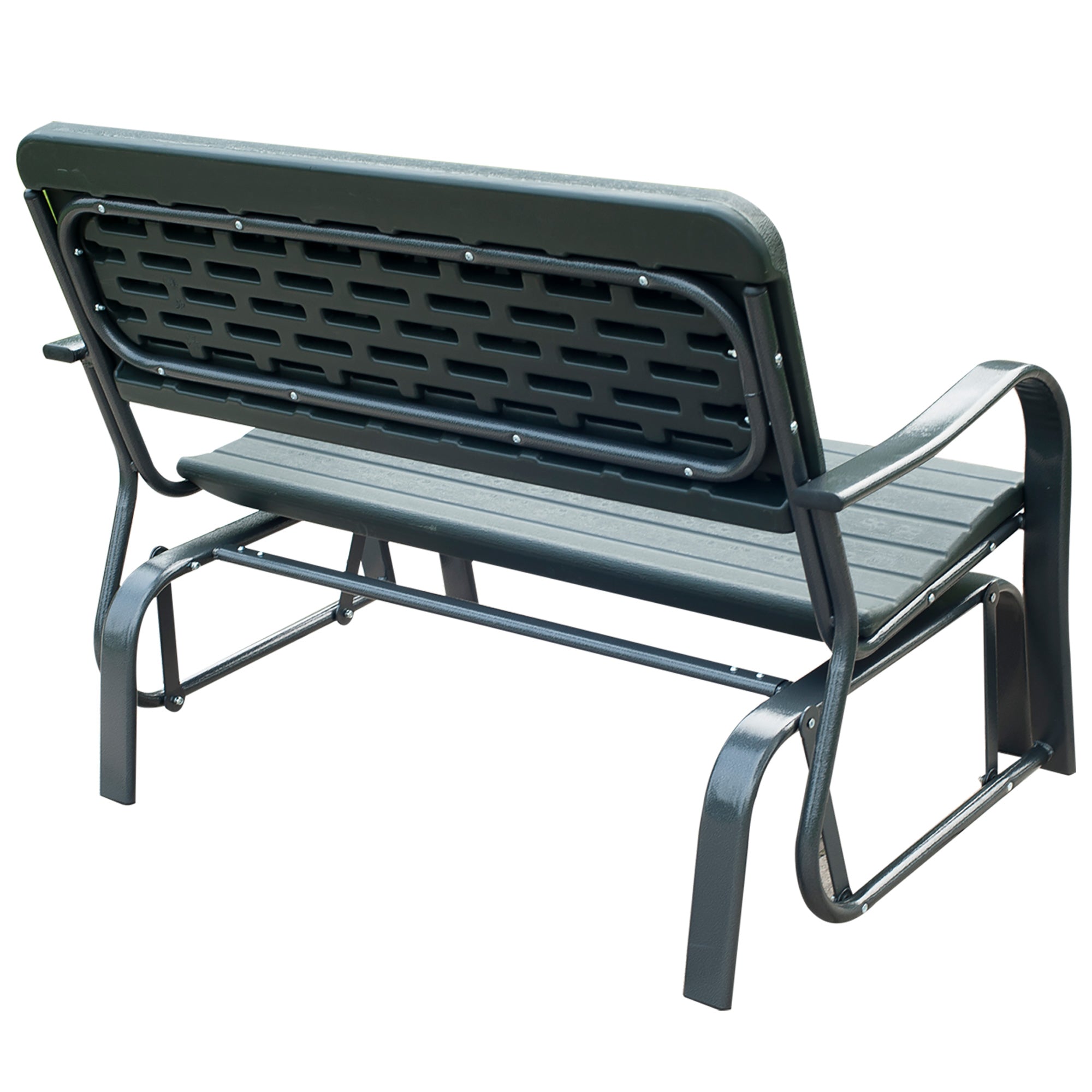 Outsunny 2 Seats Garden Glider Bench, Metal Frame and HDPE Swing Loveseat, Porch Rocking Glider for 2 Person with High Back and Armrest, Dark Green