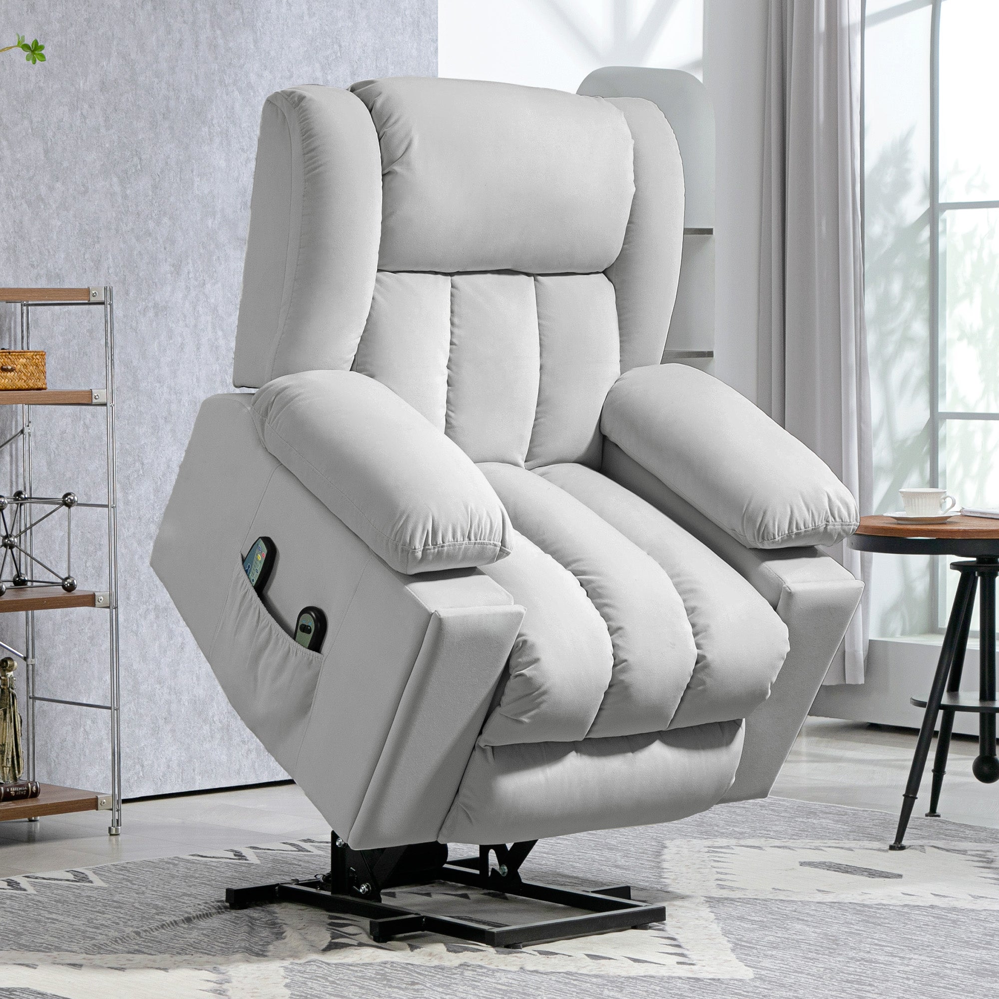 HOMCOM Power Lift Recliner Chair with Vibration Massage and Heat, Electric Lift Chair for Elderly, Overstuffed Fabric Riser and Reclining Armchair with USB Ports, Cup Holders, Light Grey - North Peak Garden Furniture