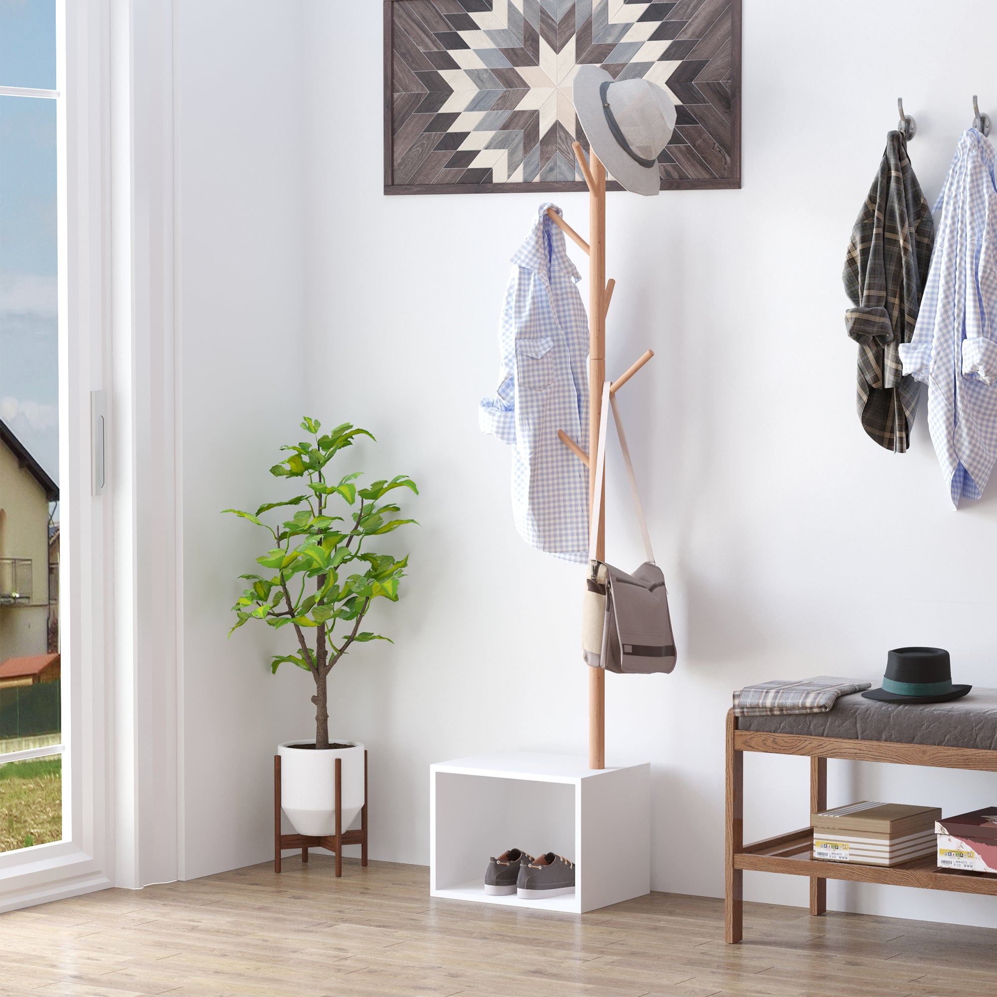 HOMCOM 180 cm Hallway Coat Rack Storage Bench Tree Hat Hanger Entryway Stand Garment Organiser Bedroom Living Room - North Peak Garden Furniture