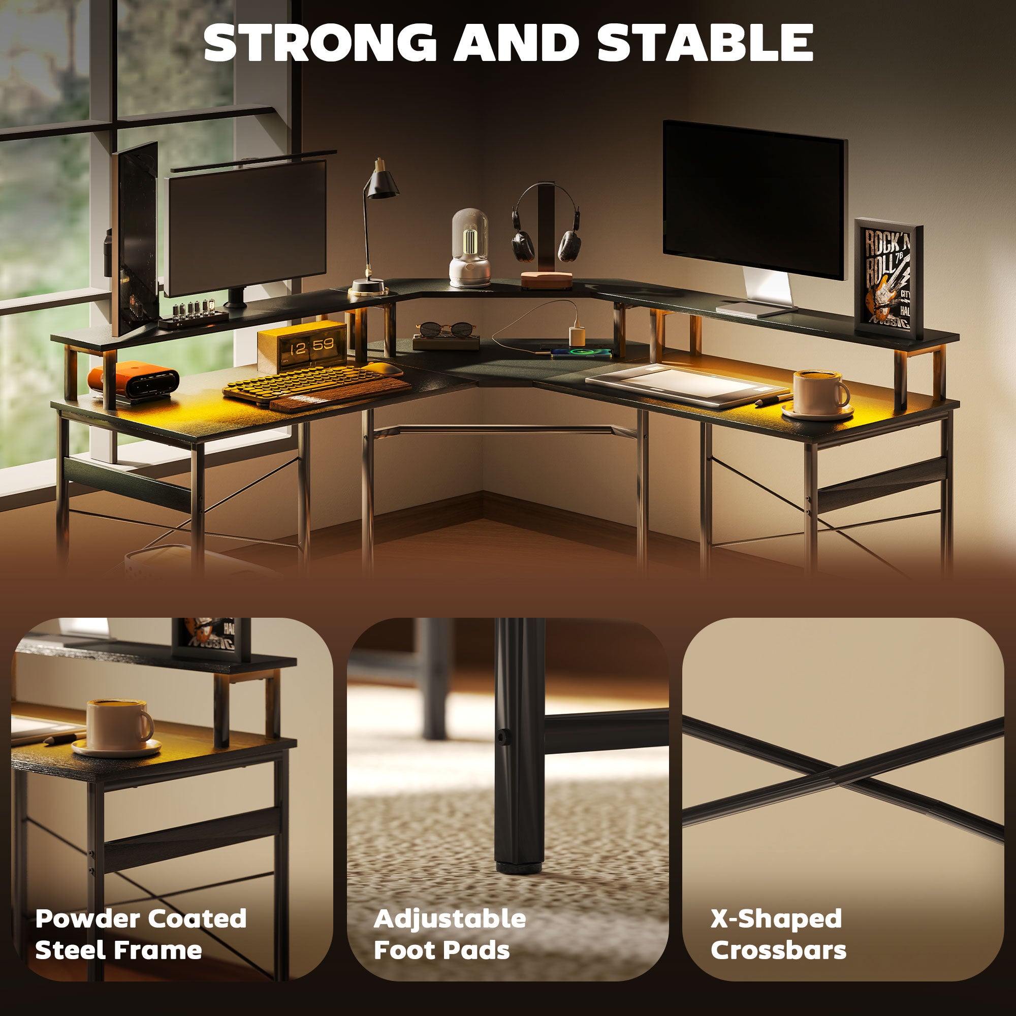 HOMCOM 'L' Shaped Work Desk, with LED Lights - Black - North Peak Garden Furniture