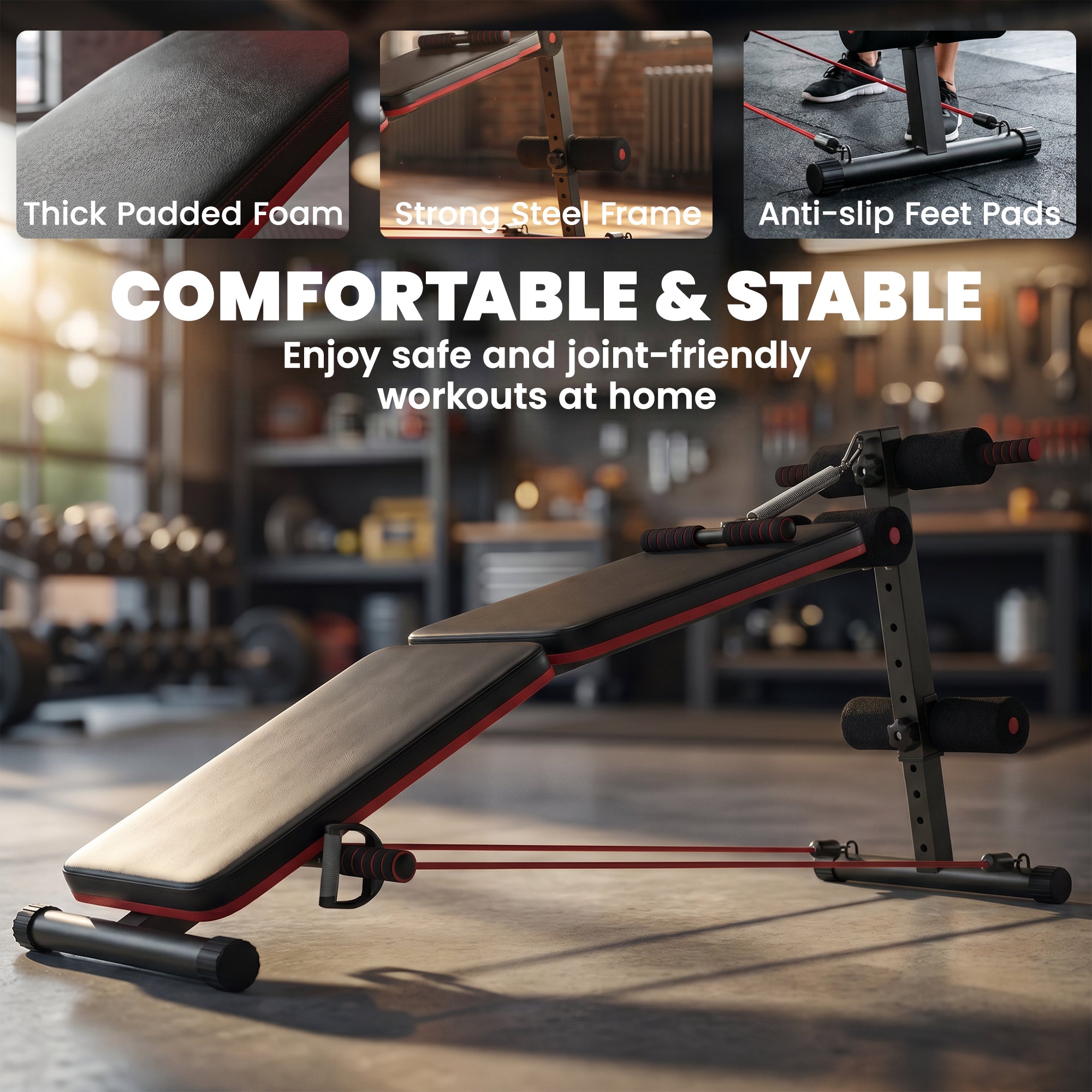 HOMCOM Sit Up Bench Core Workout Adjustable Thigh Support Foldable for Home Gym w/ Arm Pulling Rope Black