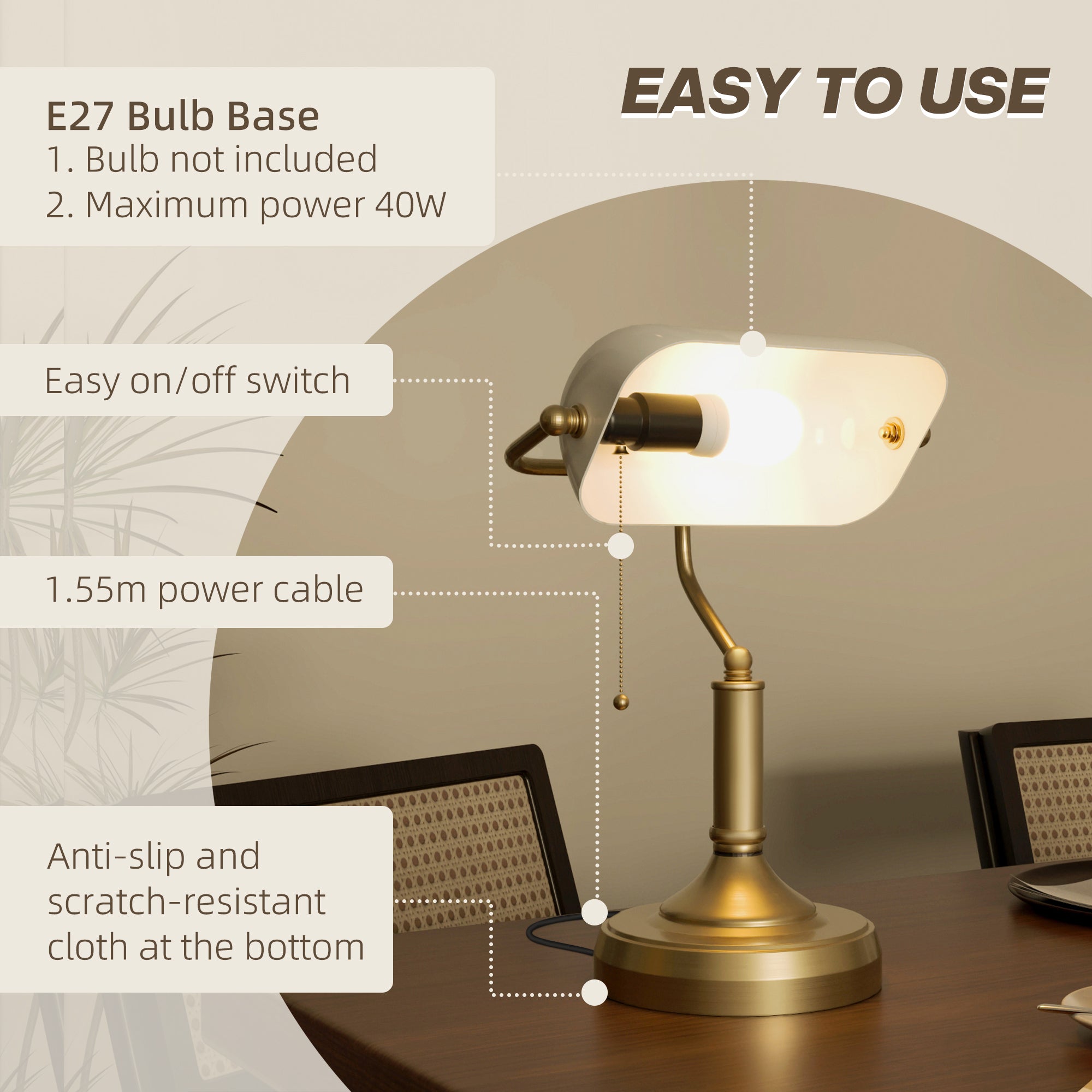 HOMCOM Banker's Desk Lamp with Antique Bronze Tone Base, Table Lamp with White Glass Shade for Home Office, White - North Peak Garden Furniture