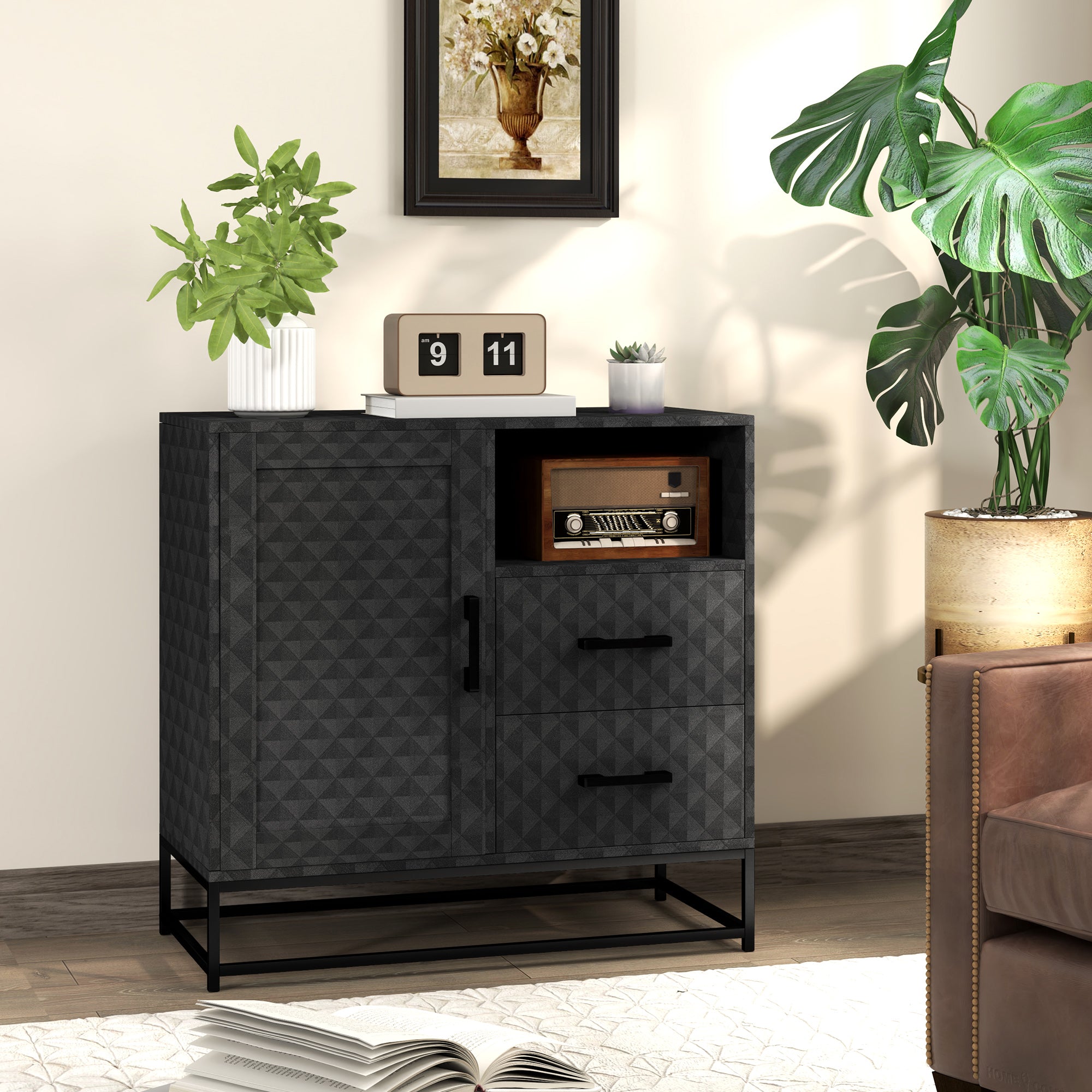 HOMCOM Sideboard with Adjustable Shelf, Freestanding Sideboard Storage Cabinet with Open Compartment and 2 Drawers, Black - North Peak Garden Furniture