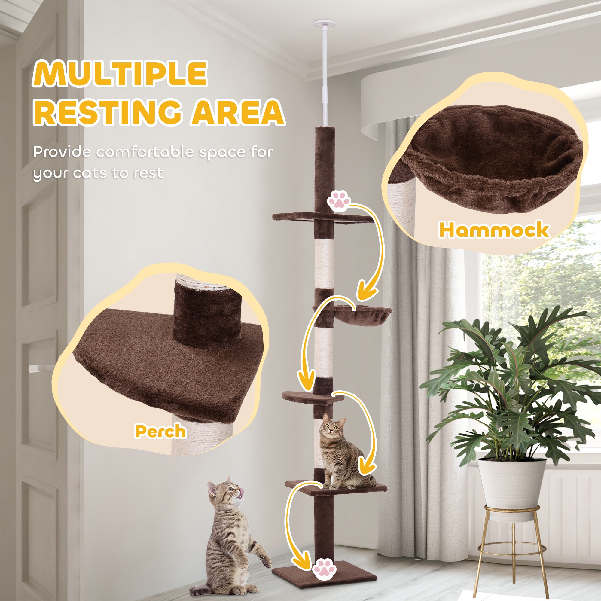 PawHut Floor to Ceiling Cat Tree for Indoor Cats 5-Tier Kitty Tower Climbing Activity Center Scratching Post Adjustable Height 230-260 cm Brown - North Peak Garden Furniture