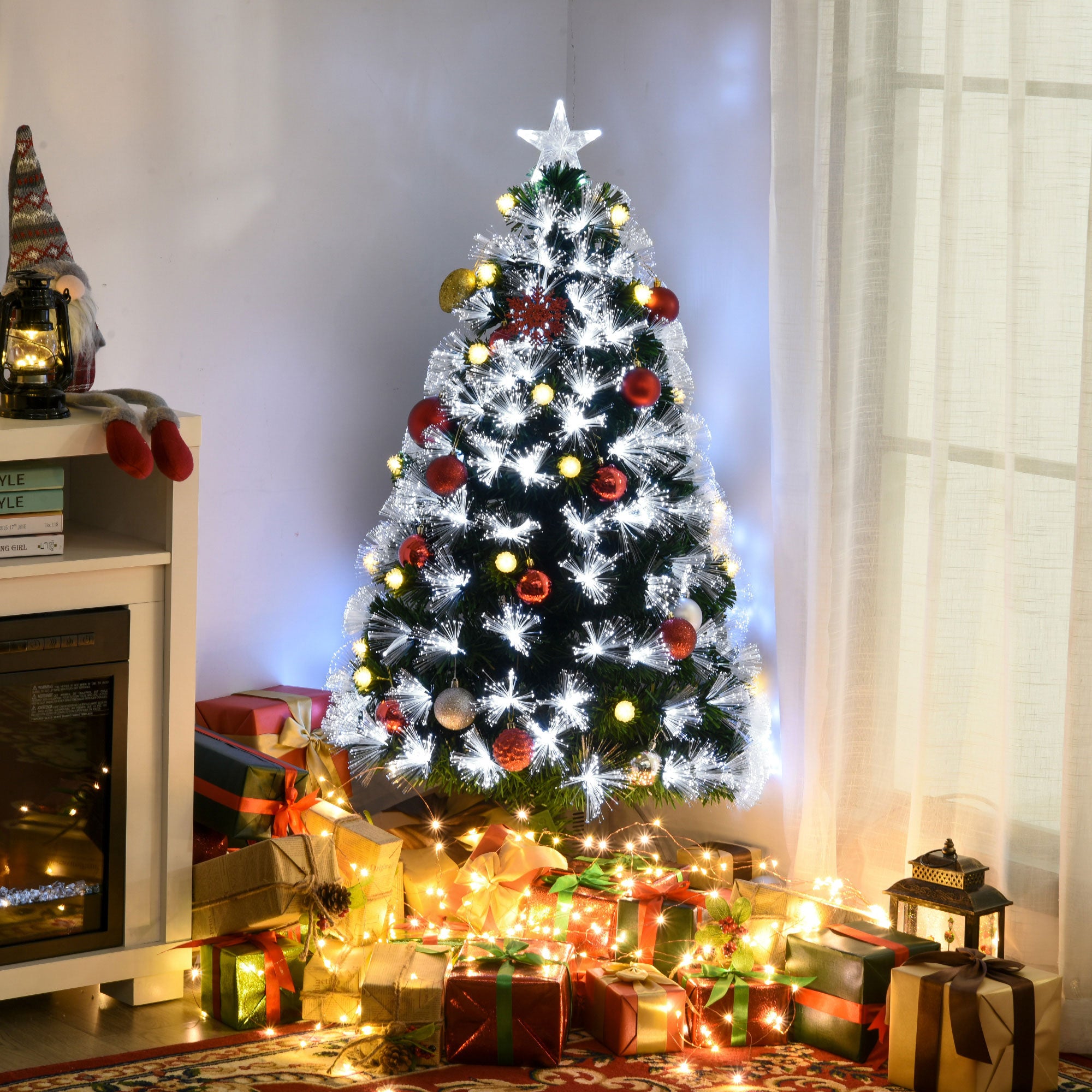 HOMCOM 4ft White Light Artificial Christmas Tree w/ 130 LEDs Star Topper Tri-Base Full Bodied Seasonal Decoration Pre-Lit Home - North Peak Garden Furniture