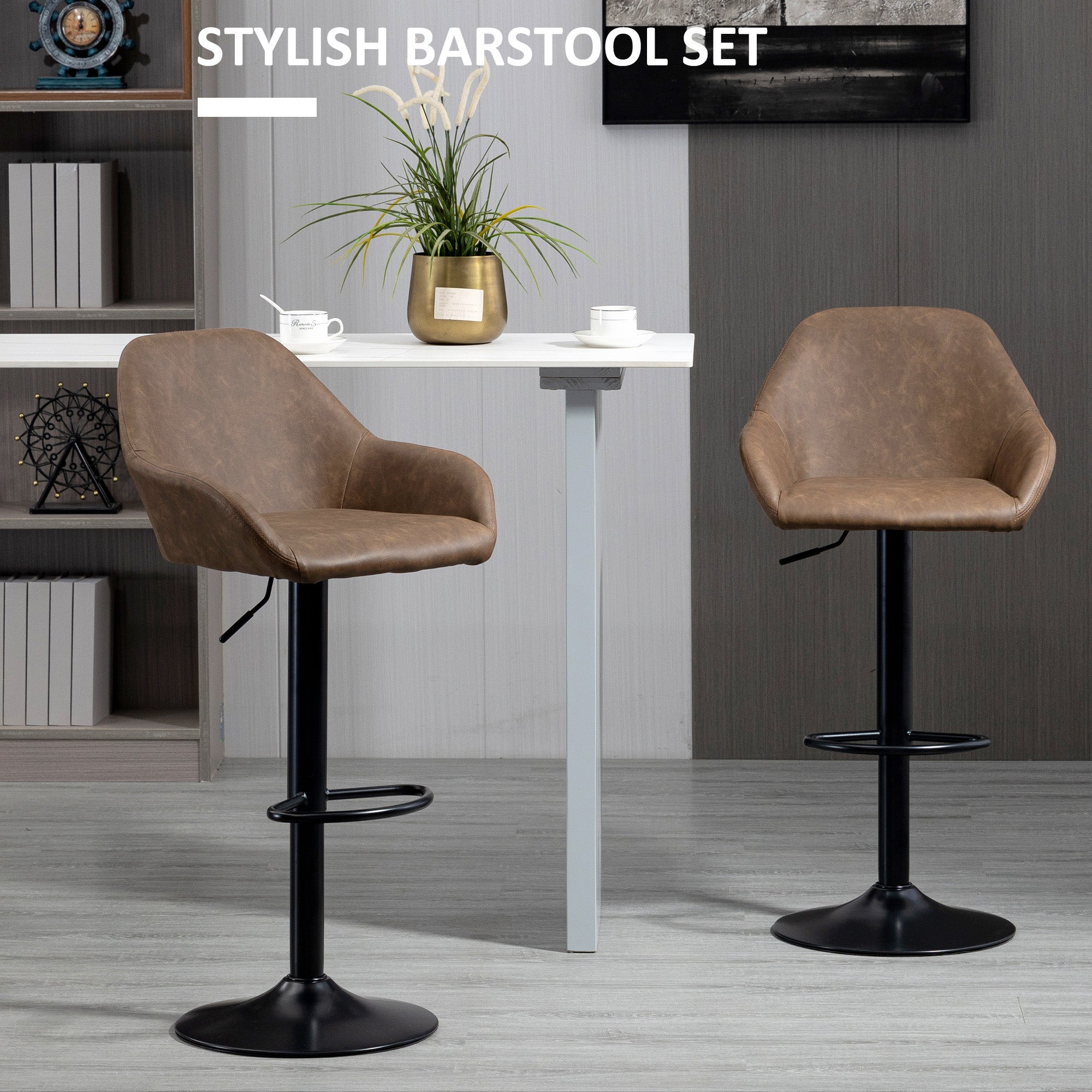 HOMCOM Adjustable Bar Stools Set of 2, Swivel Barstools with Footrest and Backrest, PU Leather and Steel Base, for Kitchen Counter and Dining Room, Dark Brown - North Peak Garden Furniture