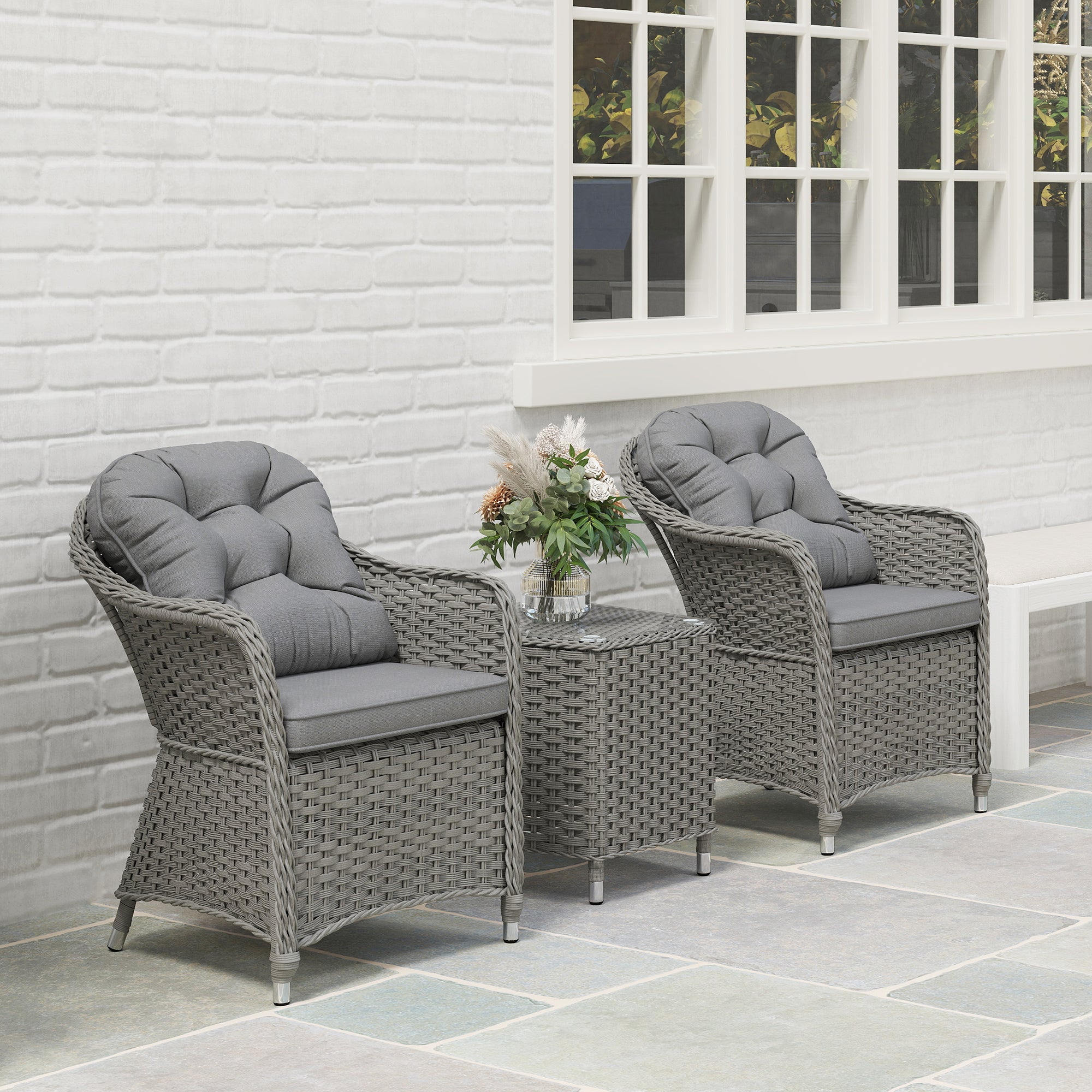 Outsunny 3 Pieces Rattan Bistro Set, Wicker Garden Bistro Set, Glass Top Balcony Table and Chairs with Cushions for Outdoor, Patio, Balcony, Light Grey - North Peak Garden Furniture