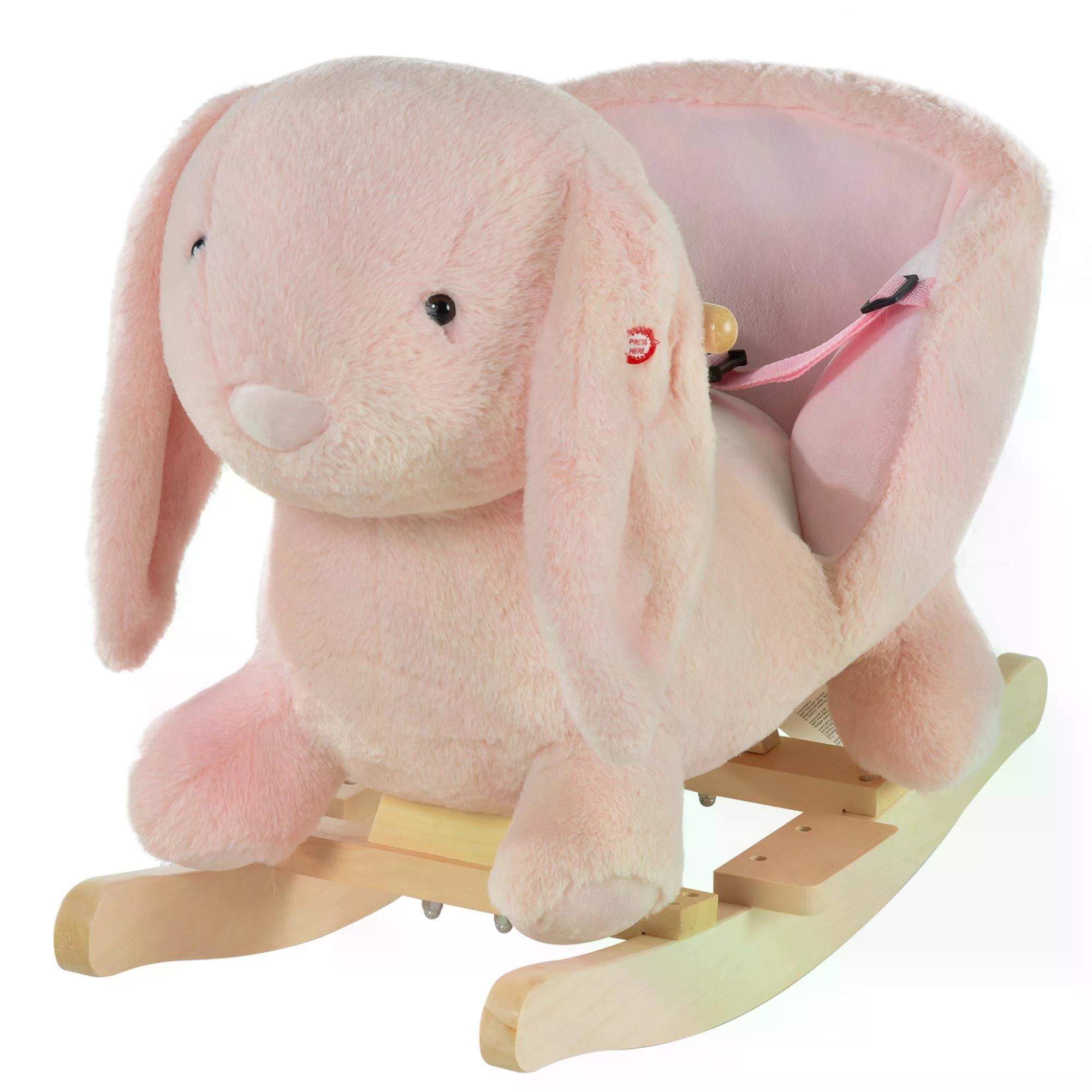 HOMCOM Kids Children Rocking Horse Plush Ride On Rabbit Seat w/ Sound Wood Base Seat Safety Belt Toddler Baby Toy Rocker Pink 18 - 36 Months