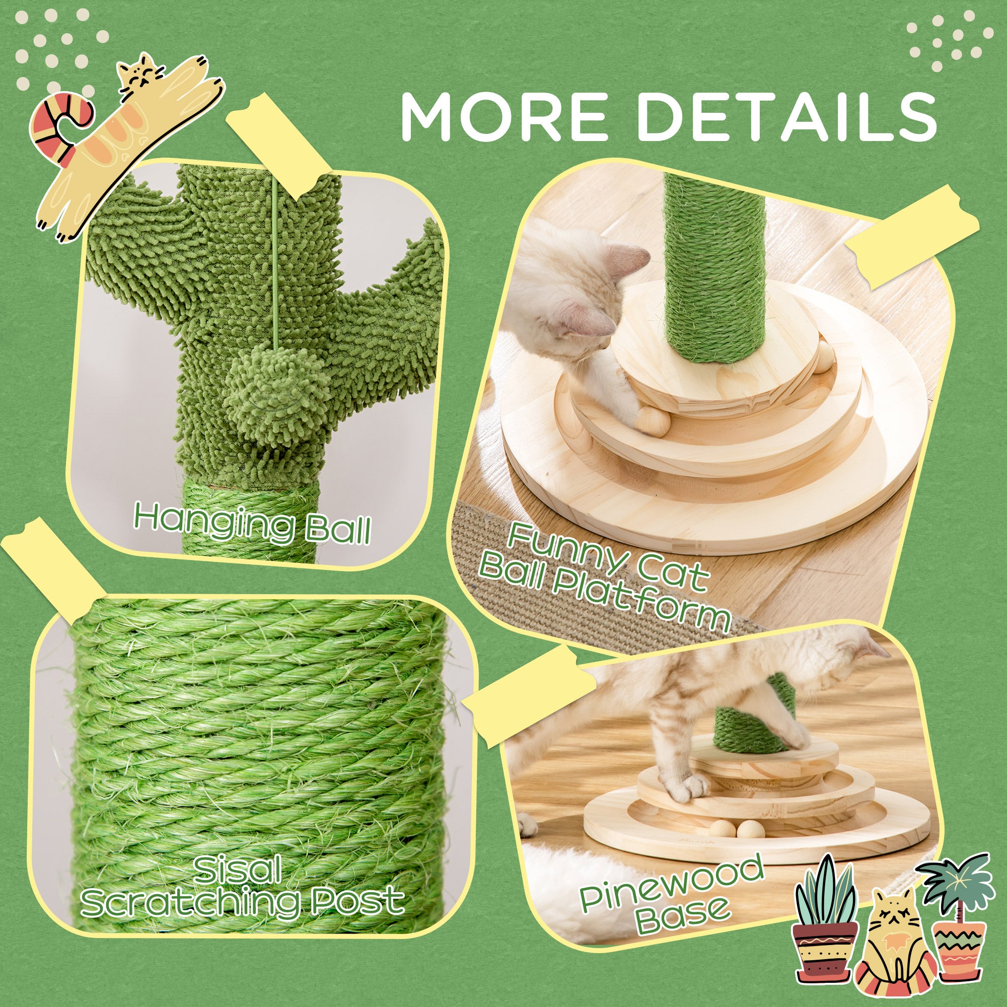 PawHut Cat Tree Cactus Sisal Scratching Post for Indoor Cats Play Tower Kitten Furniture with Hanging Ball Interactive Fun Roller Exerciser 32 x 32 x 60cm - North Peak Garden Furniture