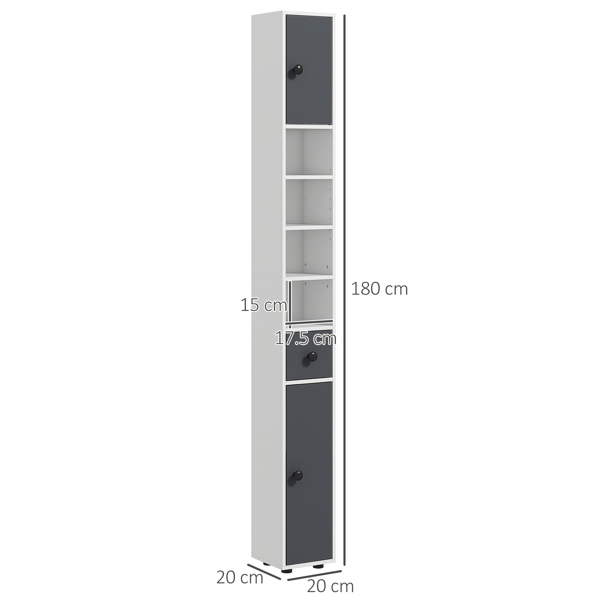kleankin 180cm Slim Bathroom Cabinet, with Drawer, Shelves and Cupboards - Grey - North Peak Garden Furniture