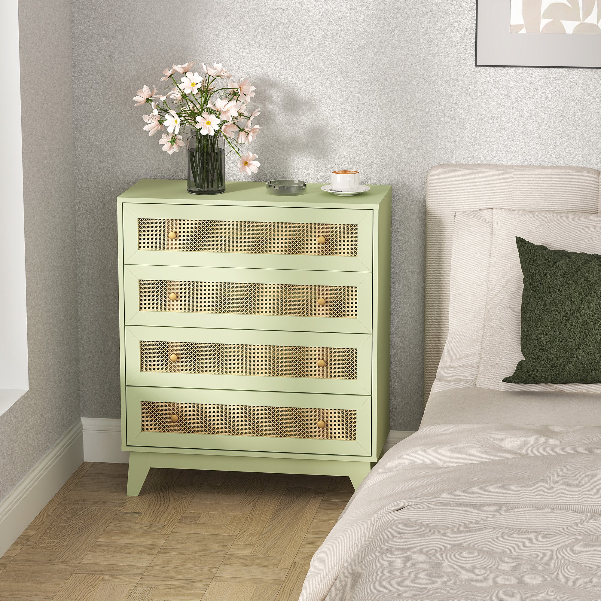HOMCOM Chest of Drawers, 4-Drawer Storage Organiser Unit with Rattan Element for Bedroom, Living Room, Light Green - North Peak Garden Furniture