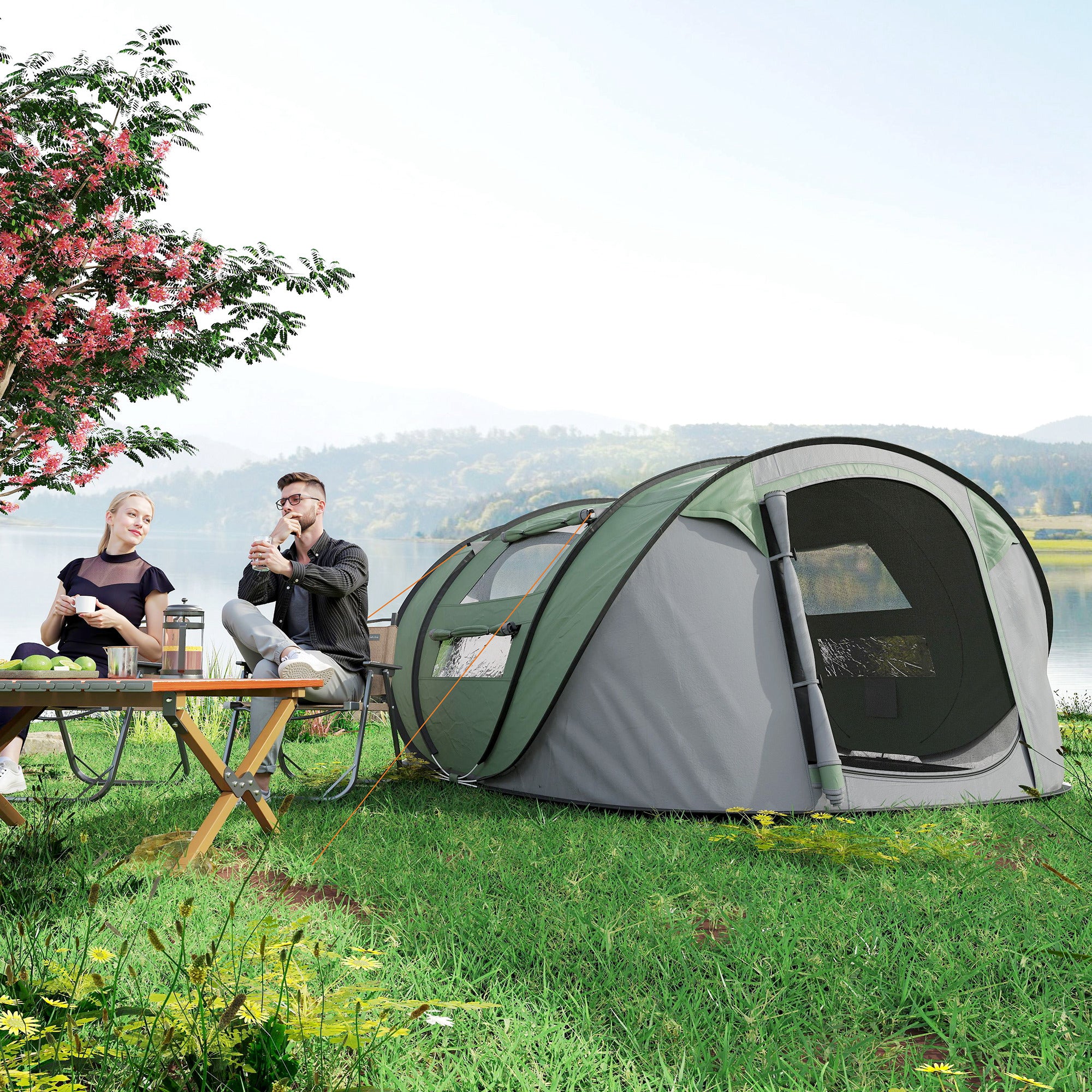 Outsunny 4-5 Person Pop-up Camping Tent Waterproof Family Tent w/ 2 Mesh Windows & PVC Windows Portable Carry Bag for Outdoor Trip, Dark Green