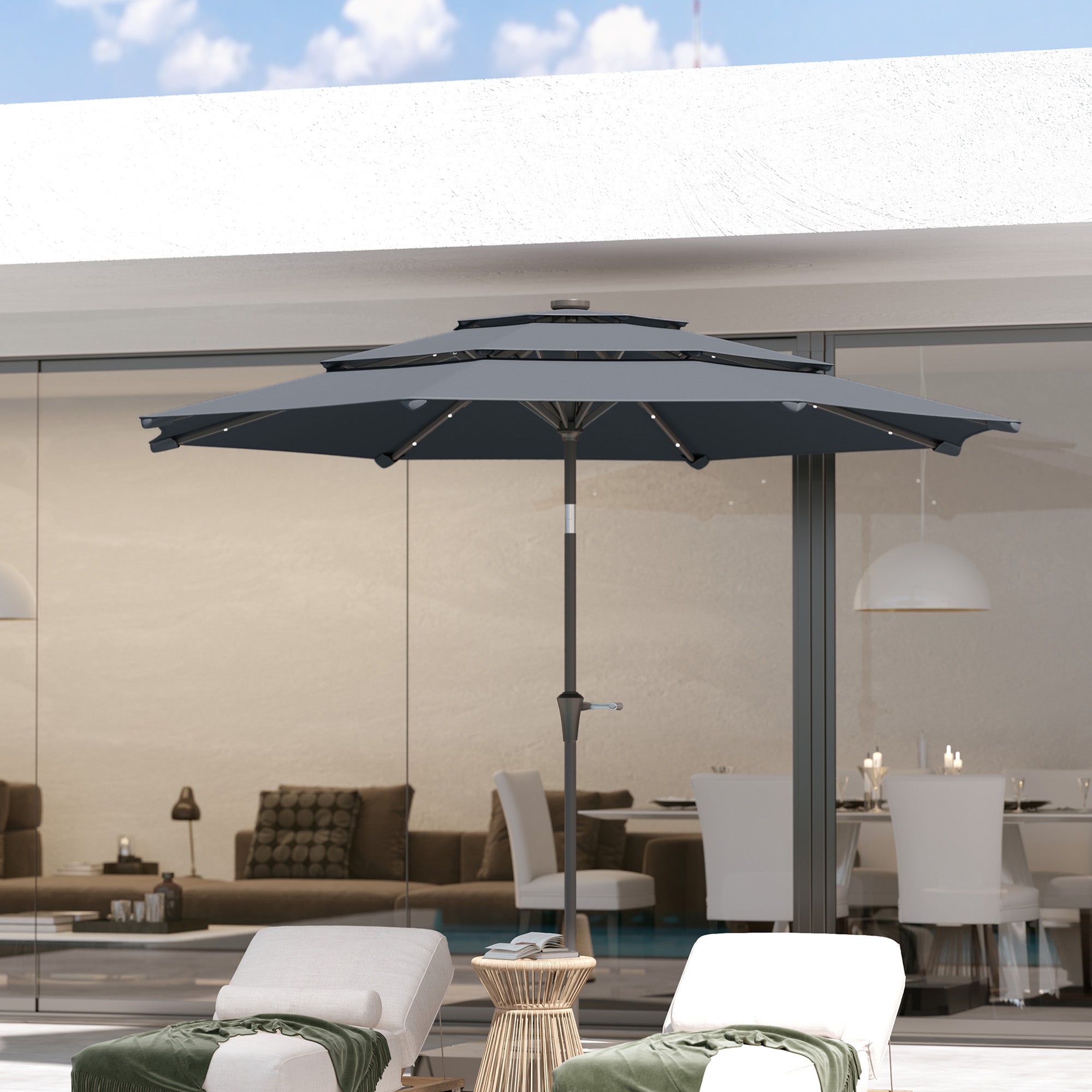 Outsunny 3-Tier Garden Parasol with Solar LED Lights, UPF 30+, Tilt Mechanism & Crank Handle, for Market Terrace, Dark Grey - North Peak Garden Furniture