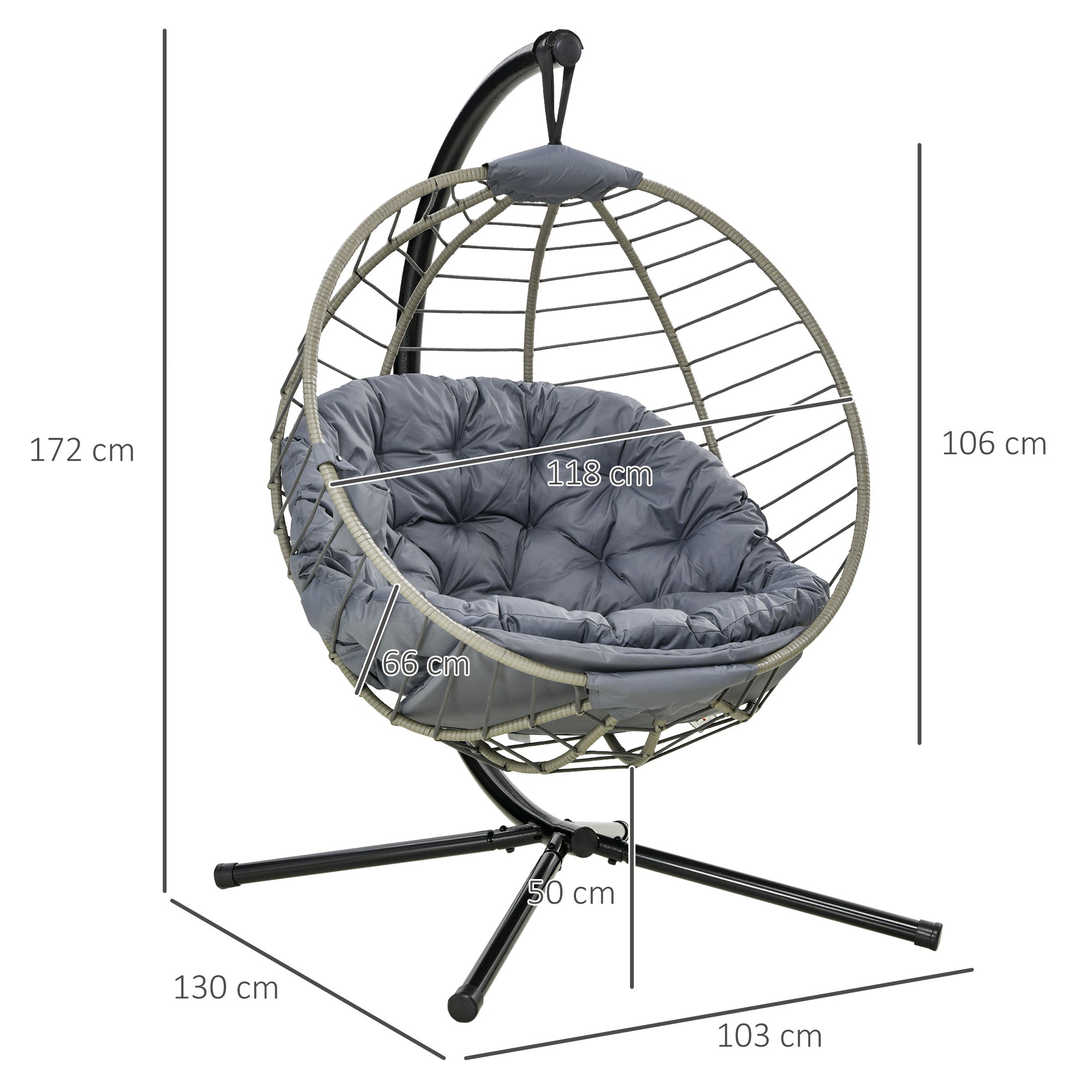 Outsunny PE Rattan Swing Chair, Outdoor Hanging Chair with Metal Stand, Thick Padded Cushion, Foldable Basket and Cup Holder, for Indoor and Outdoor, Grey - North Peak Garden Furniture