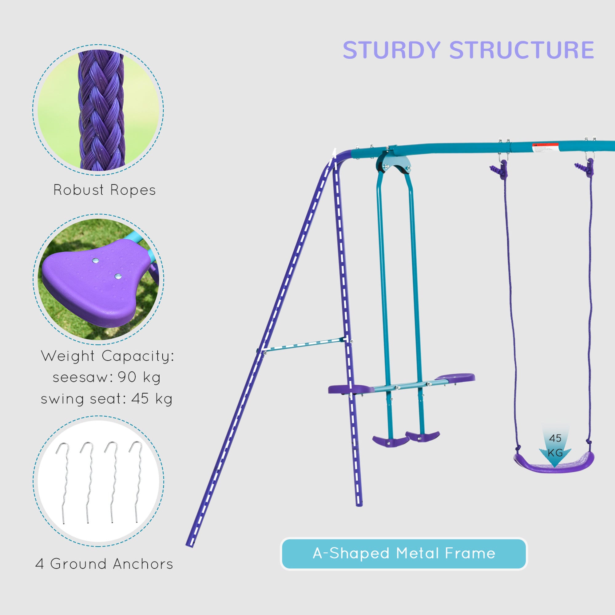 Outsunny Height Adjustable Metal Swing Set with Glider, Two Swing Seats and Adjustable Height, Outdoor Heavy Duty A-Frame - North Peak Garden Furniture