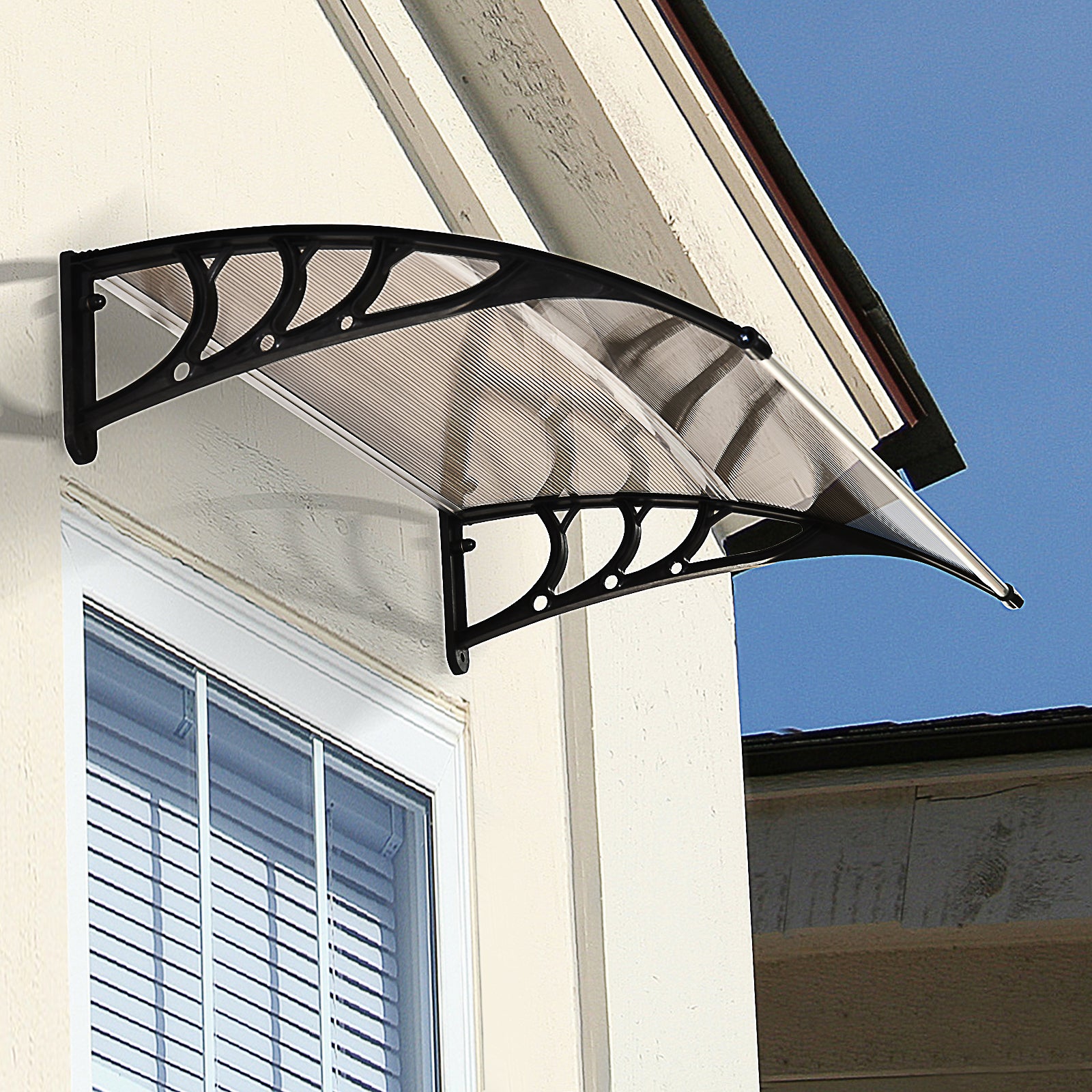 Outsunny Curved Window Door Canopy Aluminium Rigid Plastic Polycarbonate Fixed Outdoor Awning Modern Design UV Water Rain Resist 120 x 75cm Brown - North Peak Garden Furniture