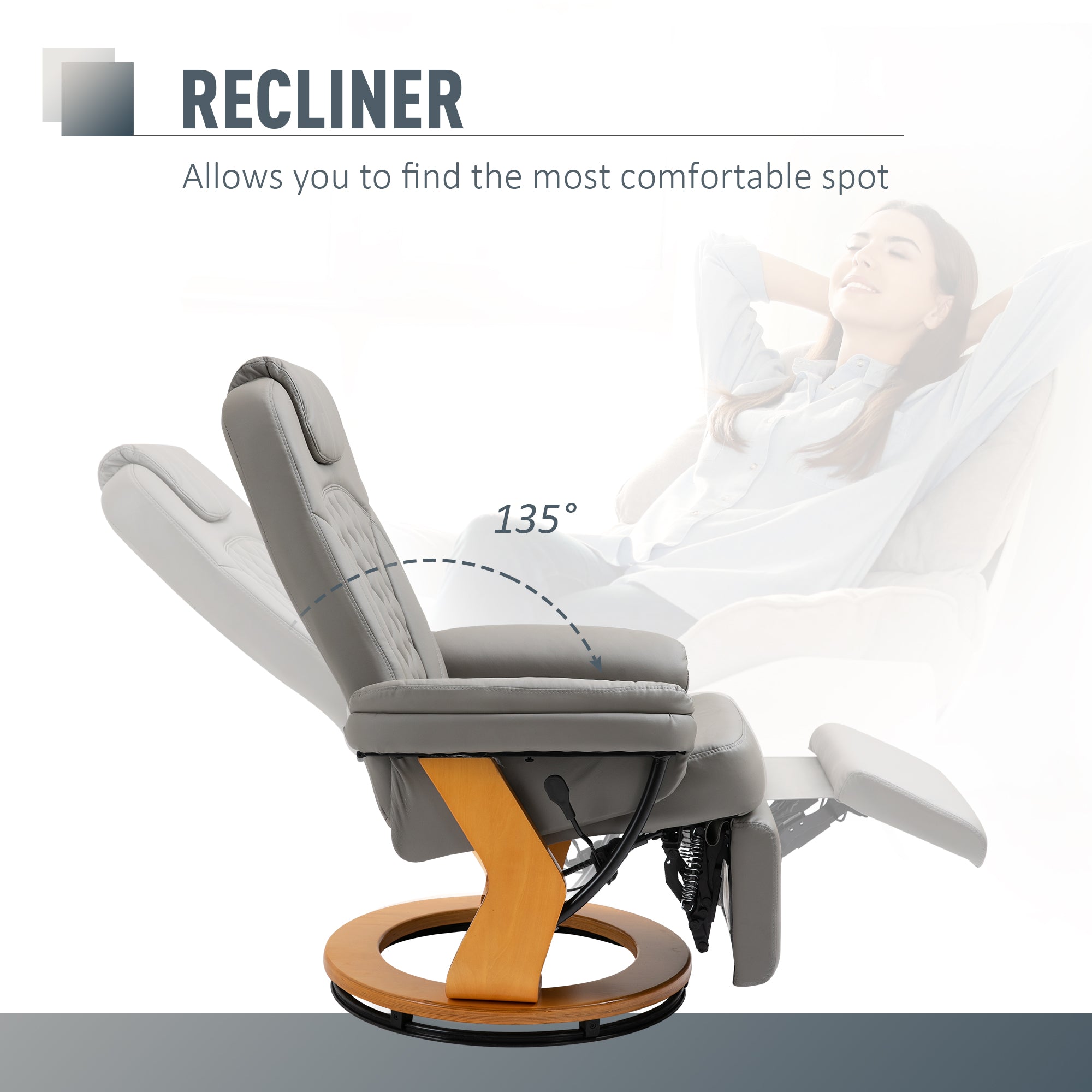 HOMCOM PU Recliner Chair with Footrest, Headrest, Round Wooden Base, Lounge Reading Armchair for Living Room, Bedroom and Office, Grey - North Peak Garden Furniture